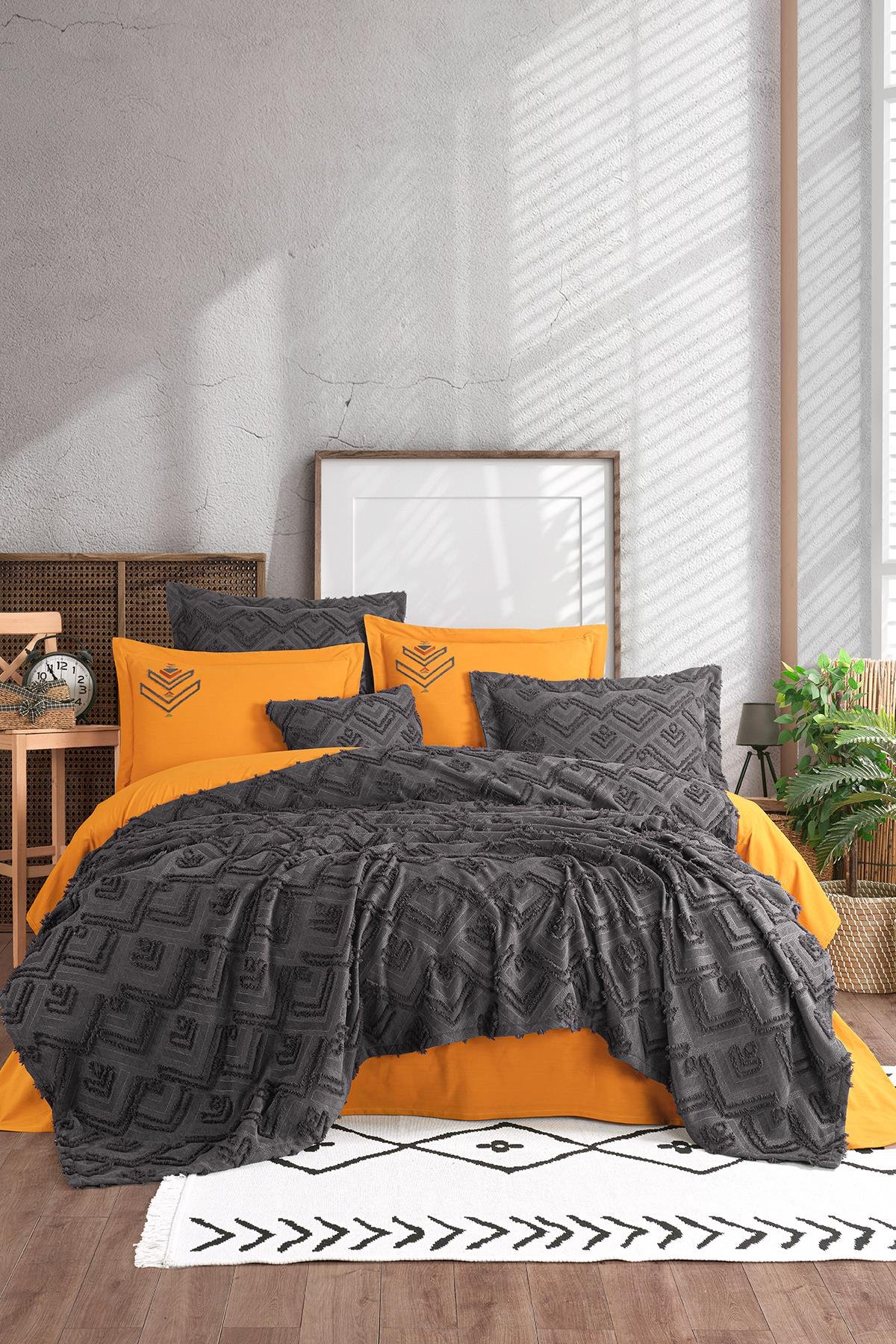 Aztec Çift Kişilik Yatak Örtüsü Seti Antrasit