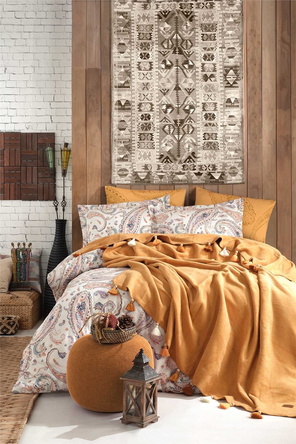 Boho Chic Çift Kişilik Püsküllü Battaniyeli Nevresim Takımı - Hardal