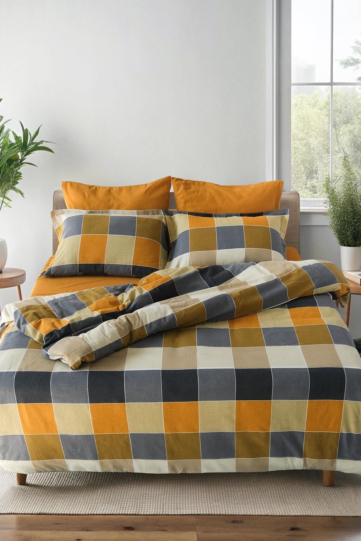 Flanel Çift Kişilik Nevresim Takımı Echo Hardal