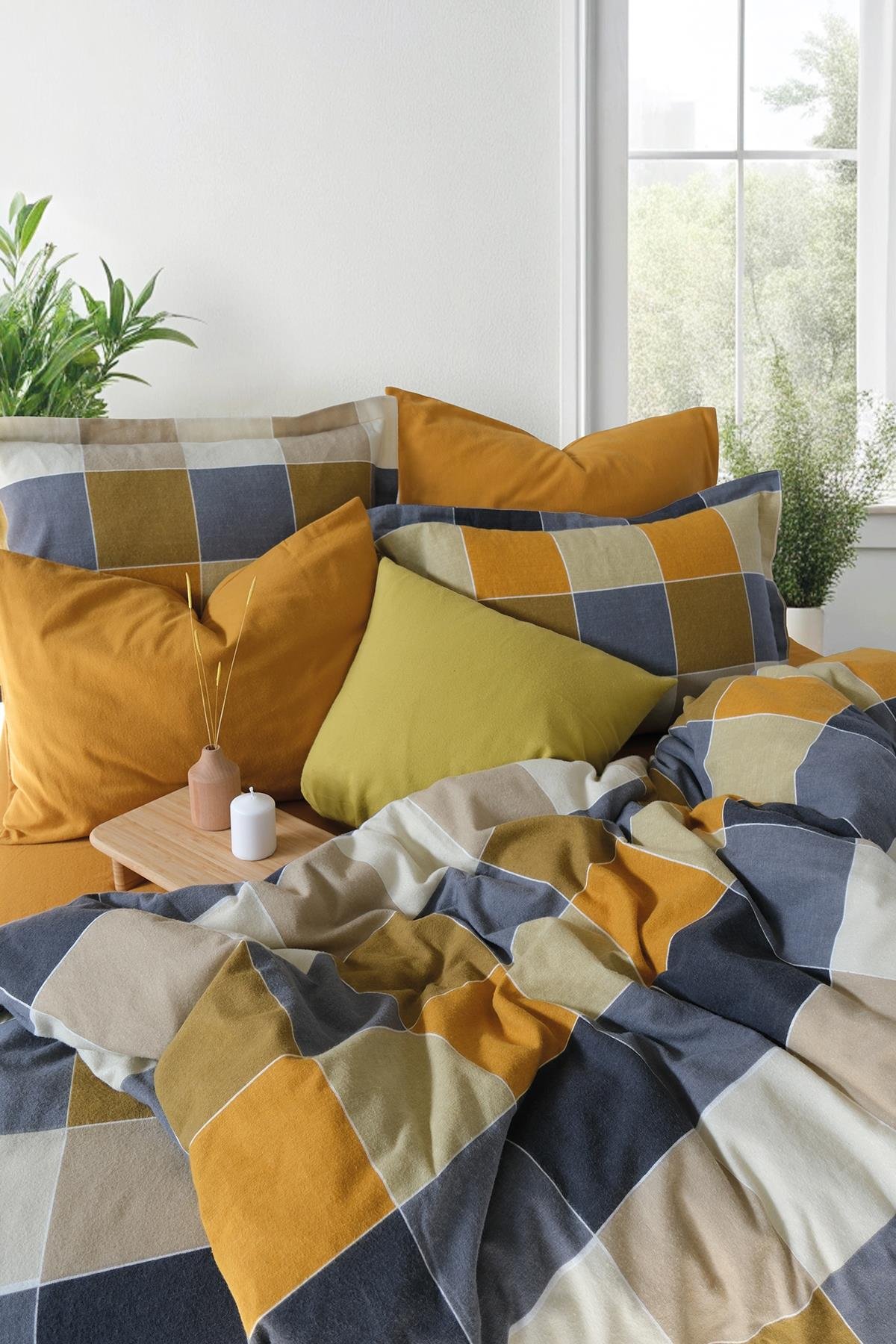 Flanel Çift Kişilik Nevresim Takımı Echo Hardal