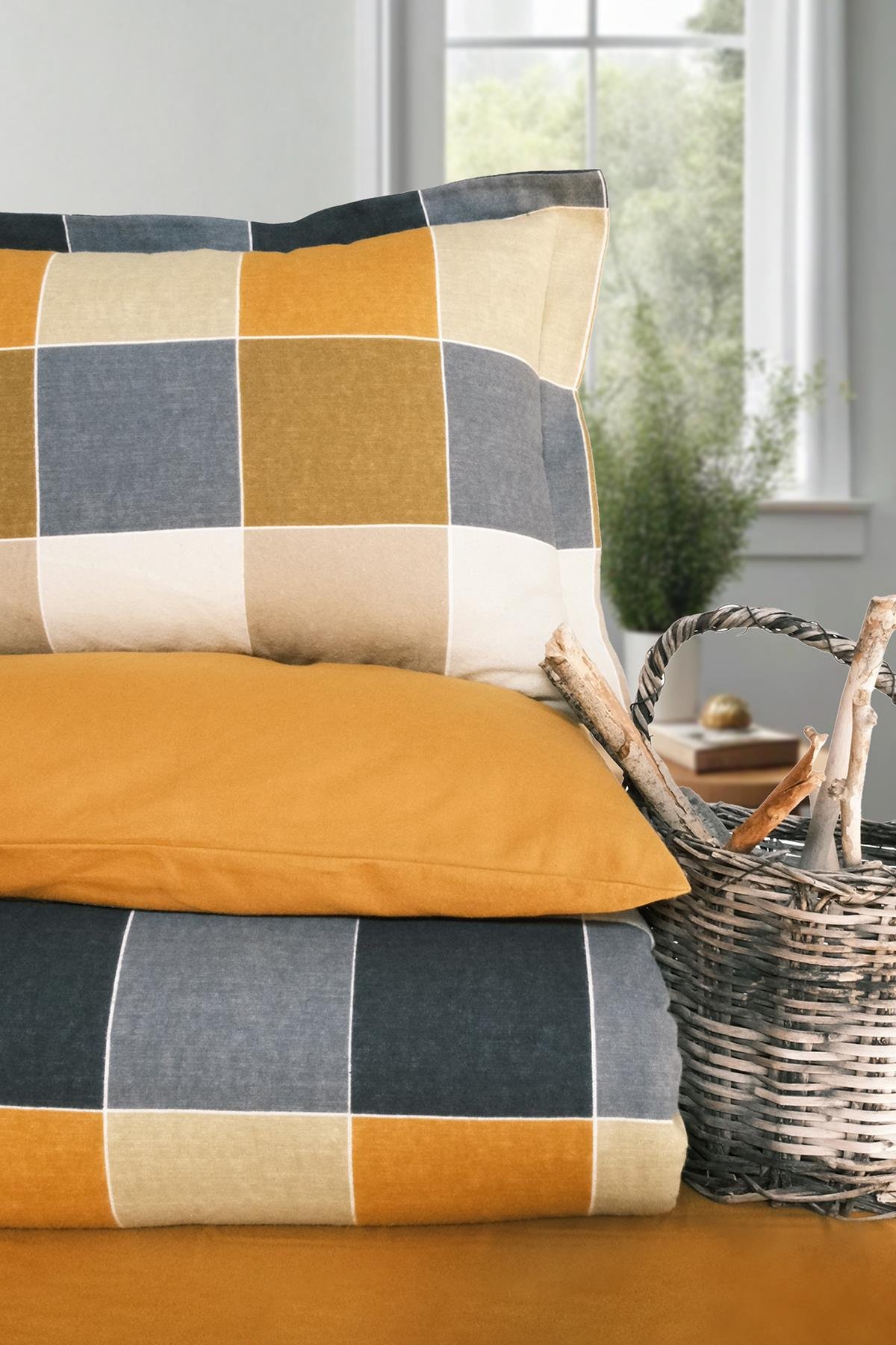 Flanel Çift Kişilik Nevresim Takımı Echo Hardal