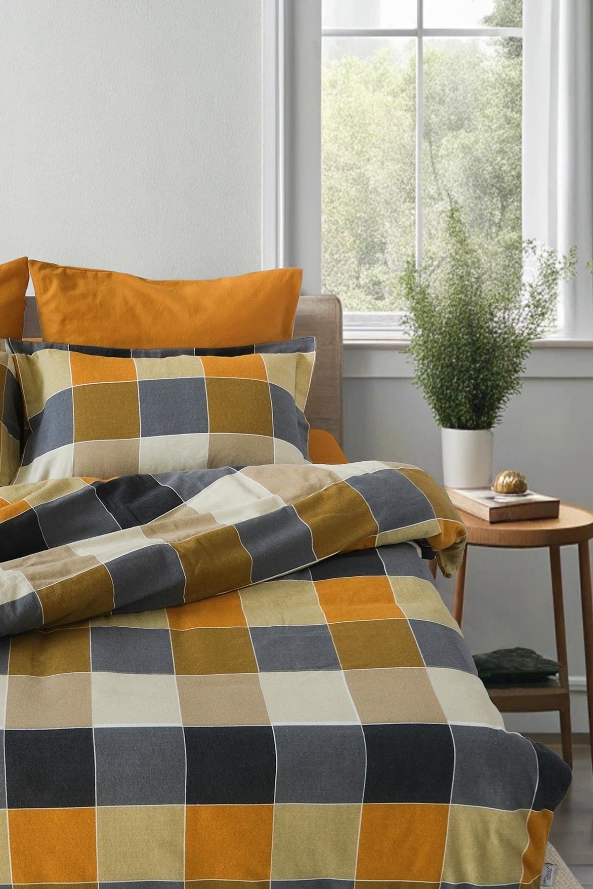 Flanel Çift Kişilik Nevresim Takımı Echo Hardal
