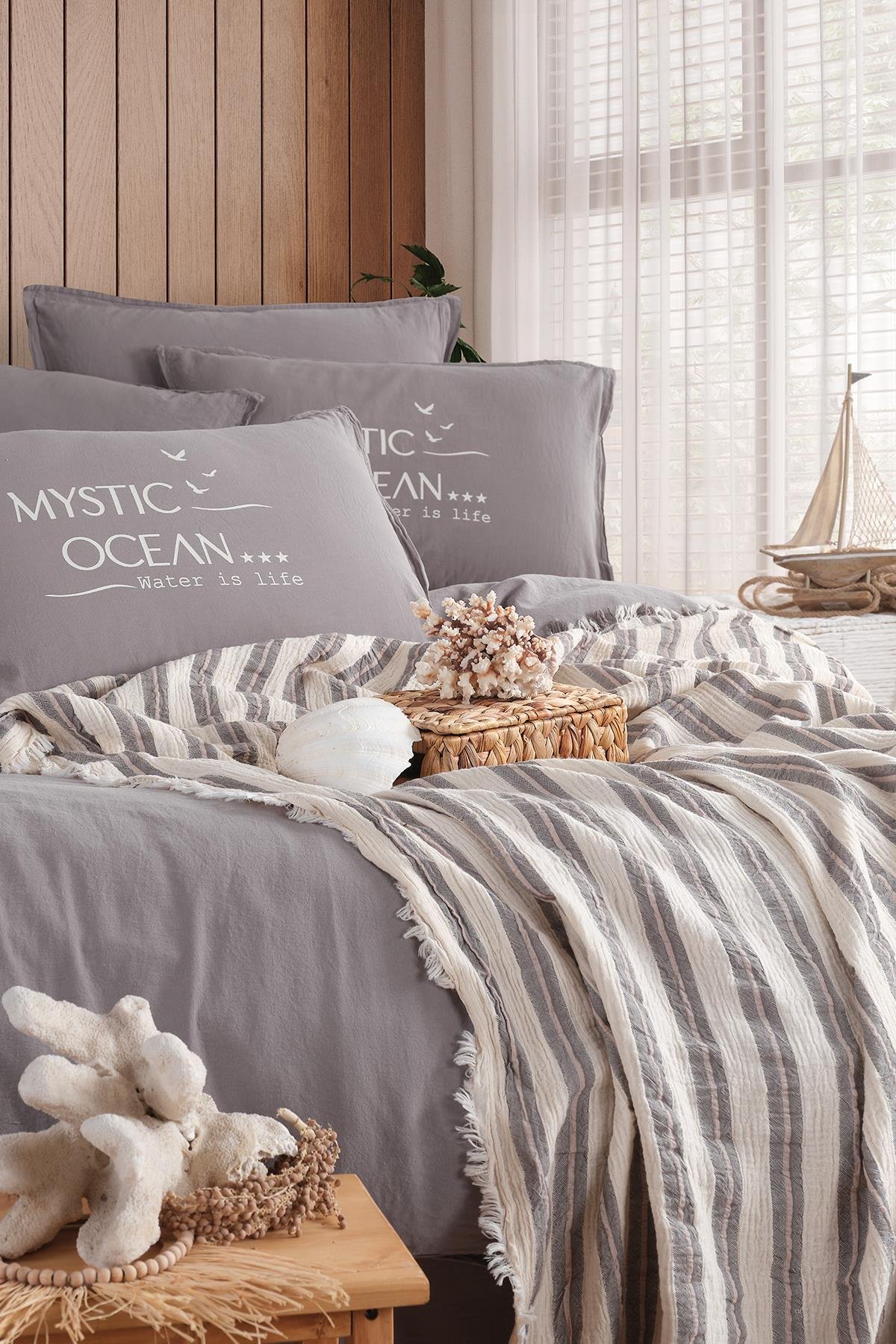 Mystic Ocean Çift Kişilik Nevresimli Pike Takımı - Gri