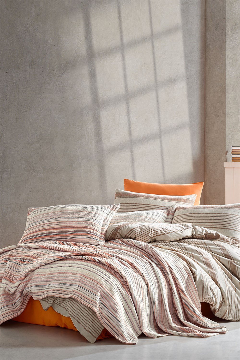 Naturalist İpliği Boyalı Çift Kişilik Yatak Örtüsü Seti-Oranj