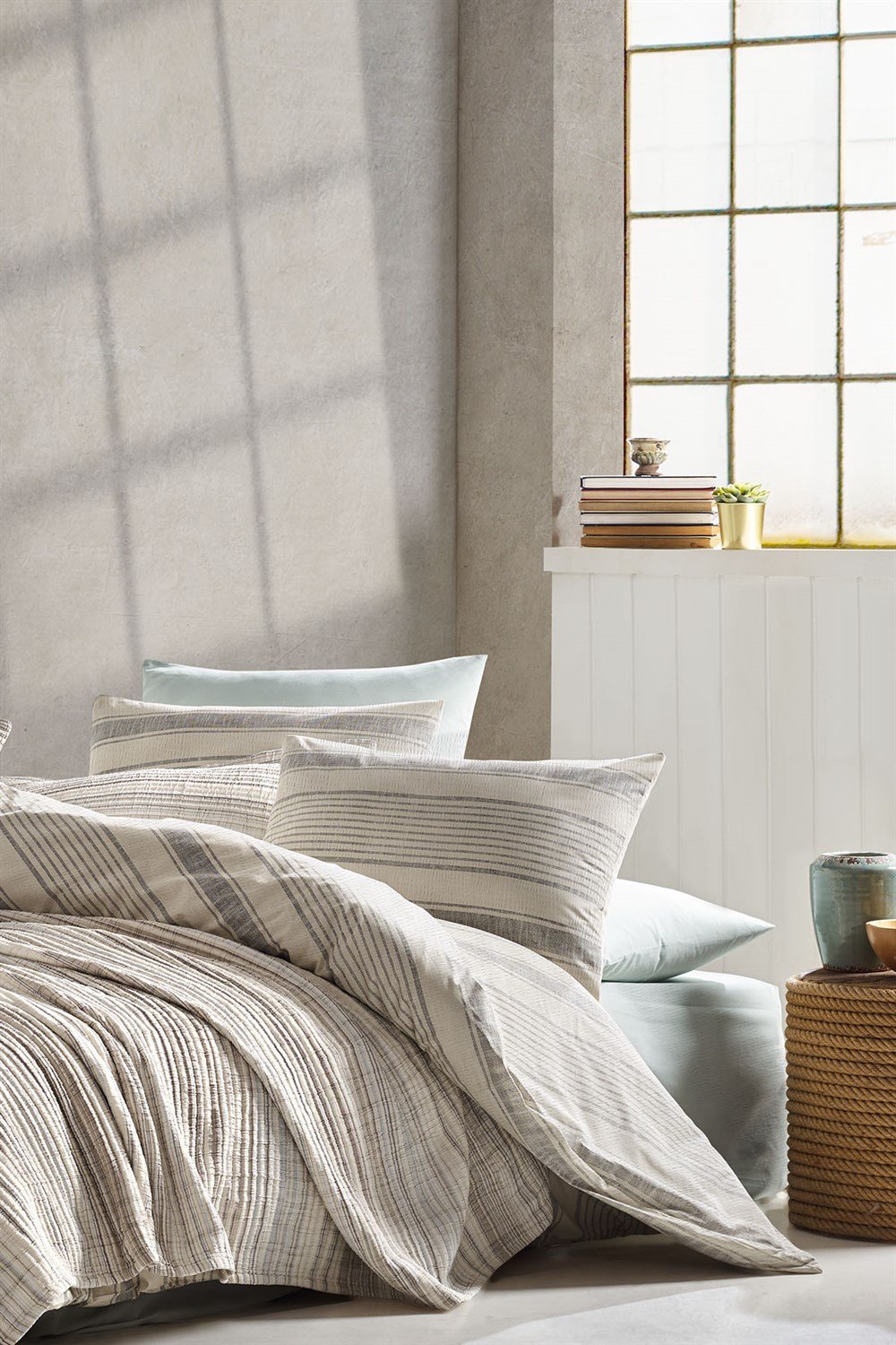 Naturalist İpliği Boyalı Tek Kişilik Yatak Örtüsü Seti-Mint