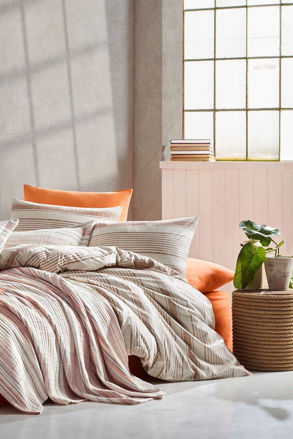 Naturalist İpliği Boyalı Tek Kişilik Yatak Örtüsü Seti-Oranj