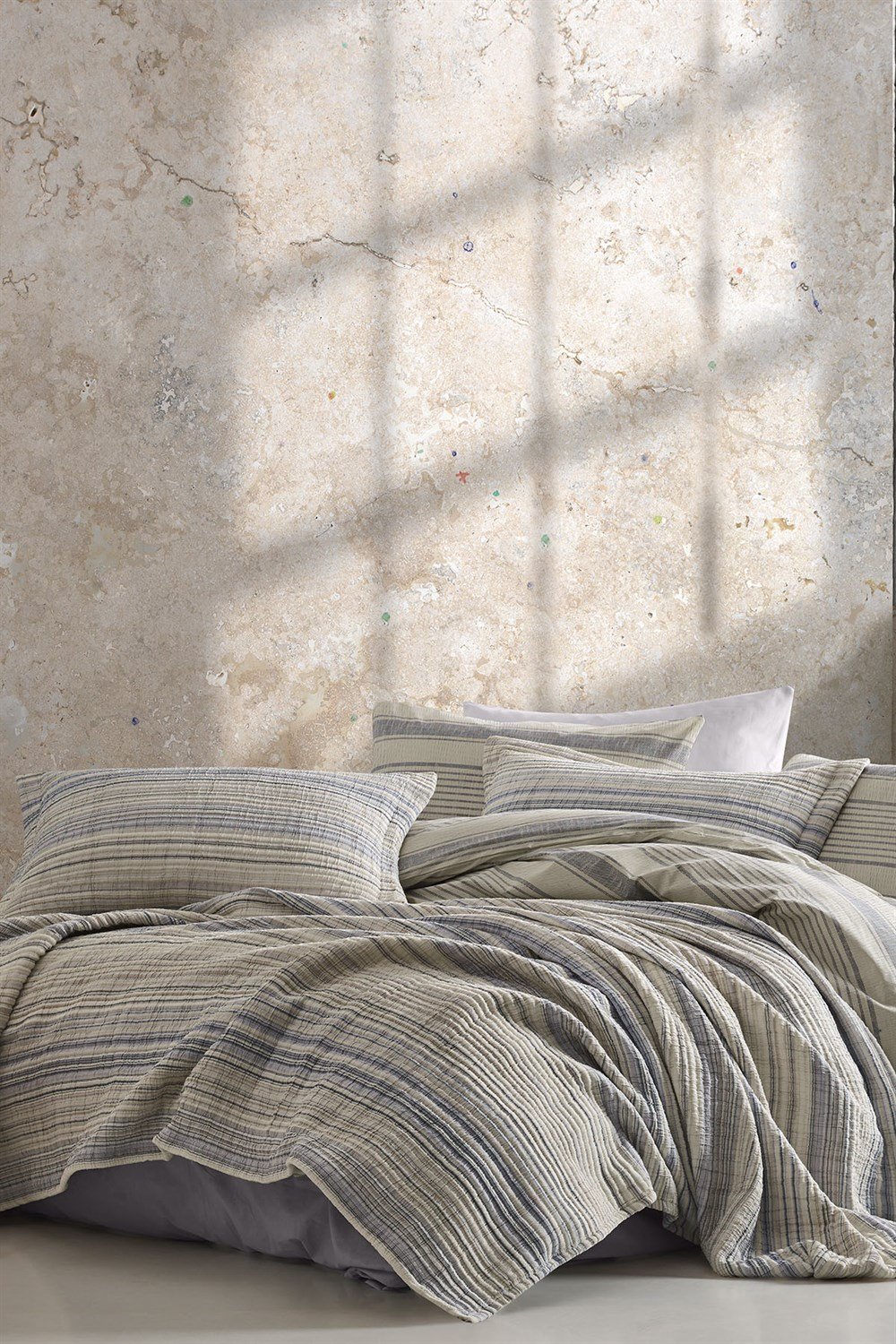 Naturalist İpliği Boyalı Tek Kişilik Yatak Örtüsü Seti-Gri