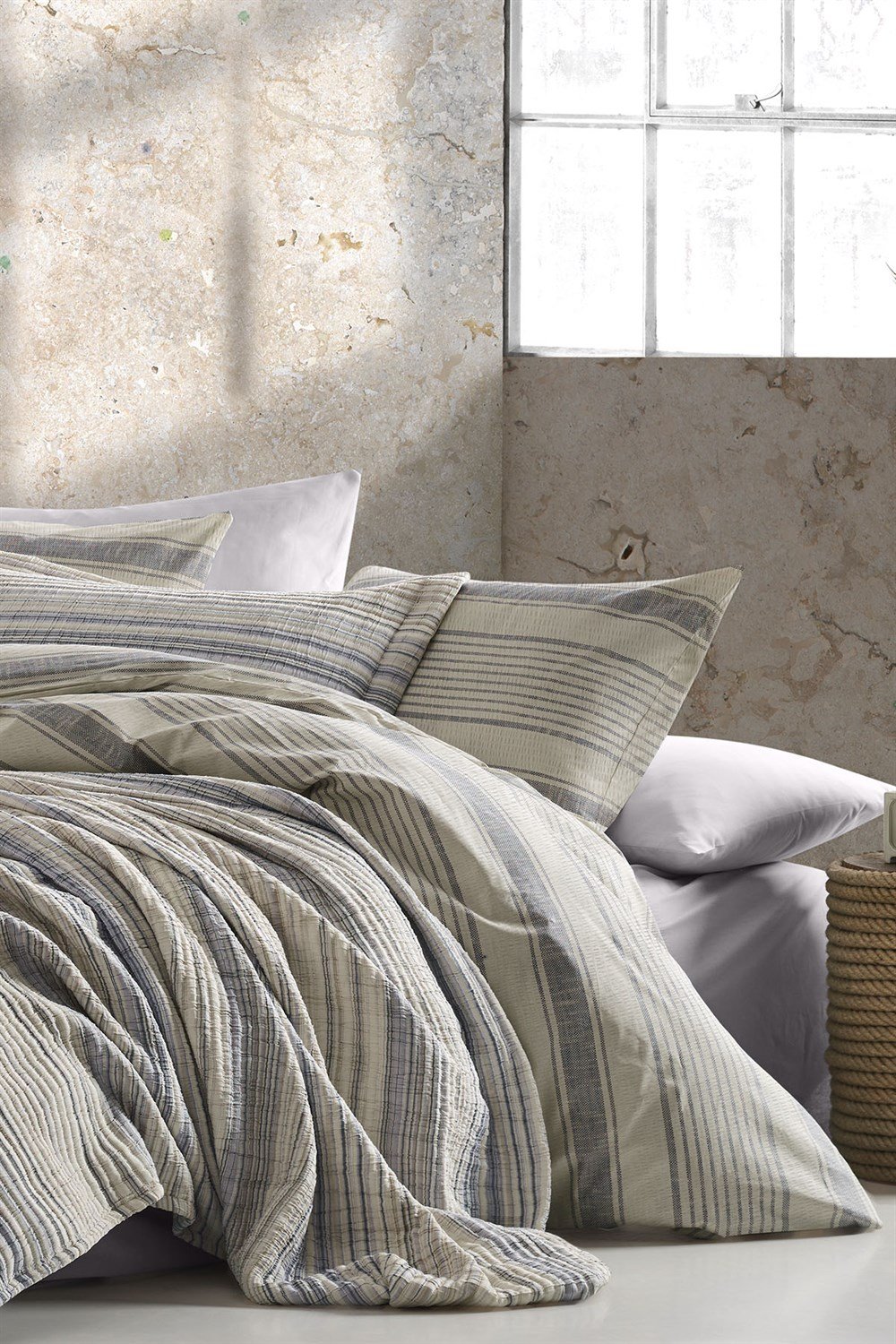 Naturalist İpliği Boyalı Tek Kişilik Yatak Örtüsü Seti-Gri