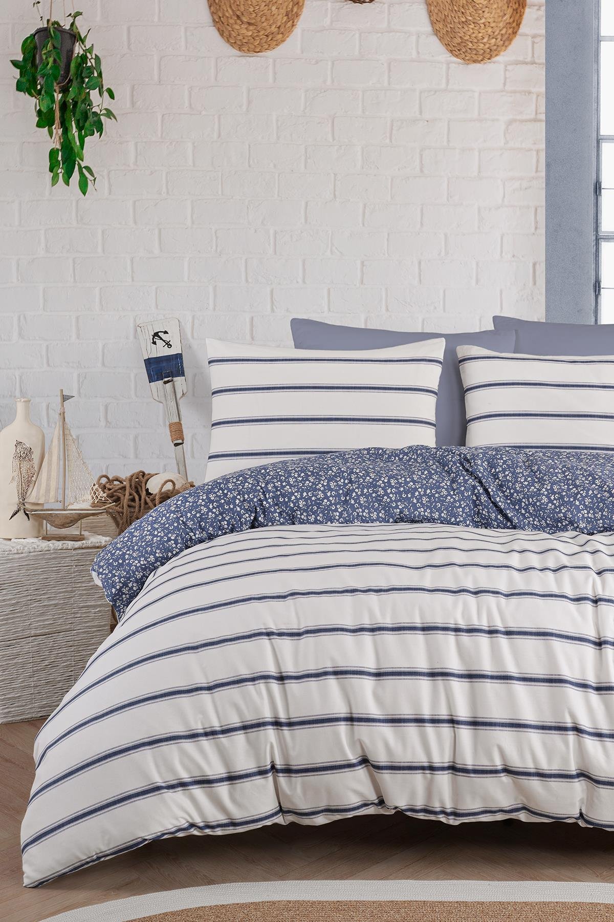 Poplin Çift Kişilik Nevresim Takımı- Wawe İndigo