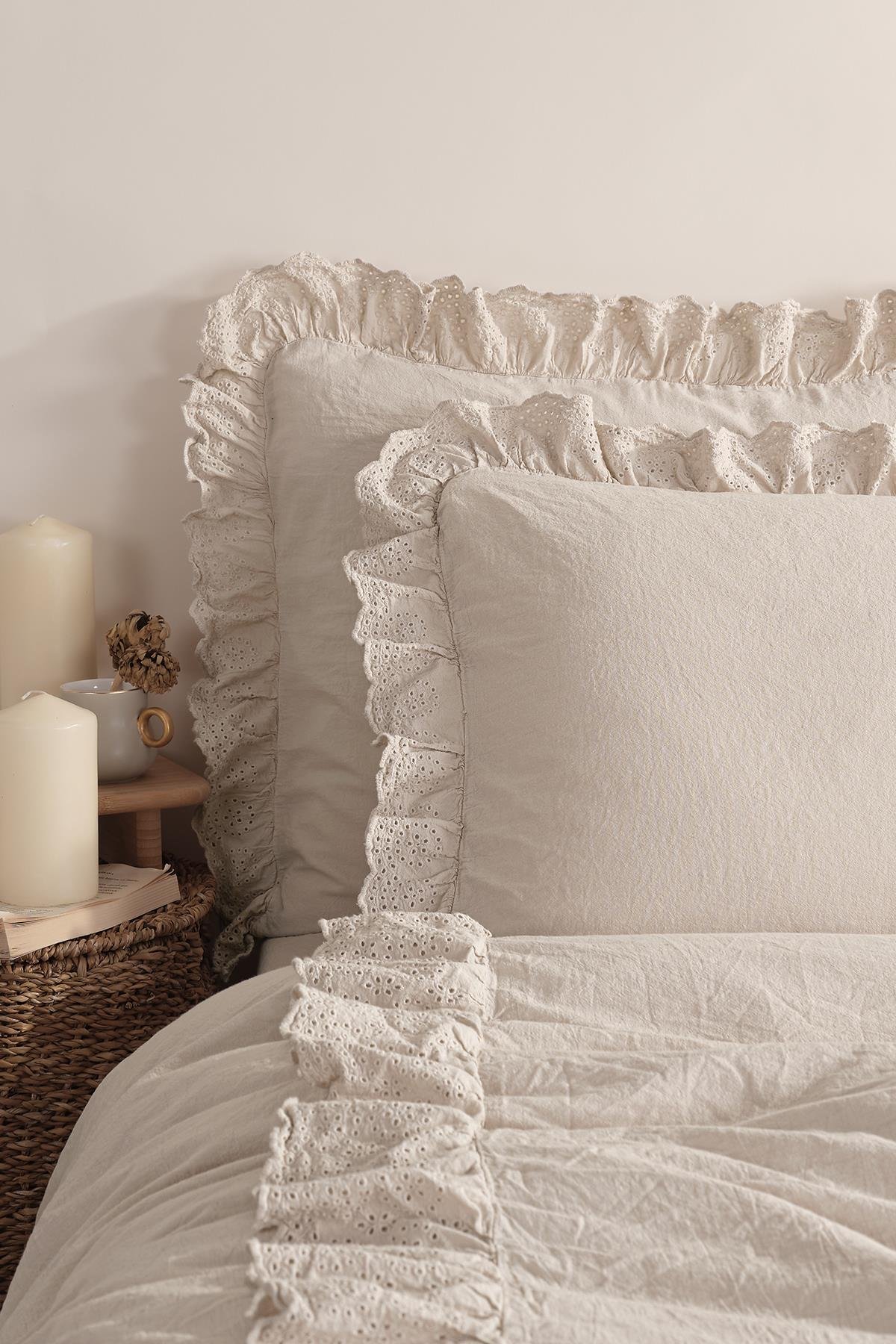 Romantica Çift Kişilik Brodeli Nevresim Takımı - Bej