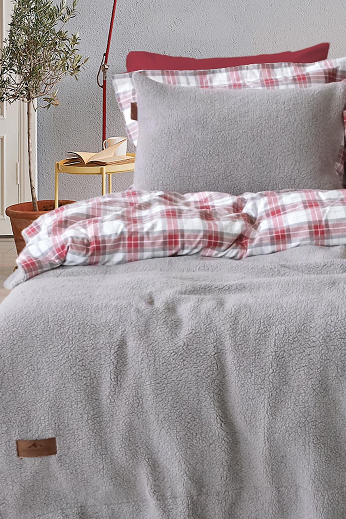 Sherwood Cozy Kırmızı Tek Kişilik Yatak Örtüsü Seti Gri