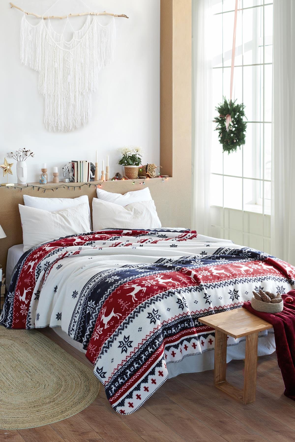 Snowy Çift Kişilik Pamuk Battaniye Kırmızı