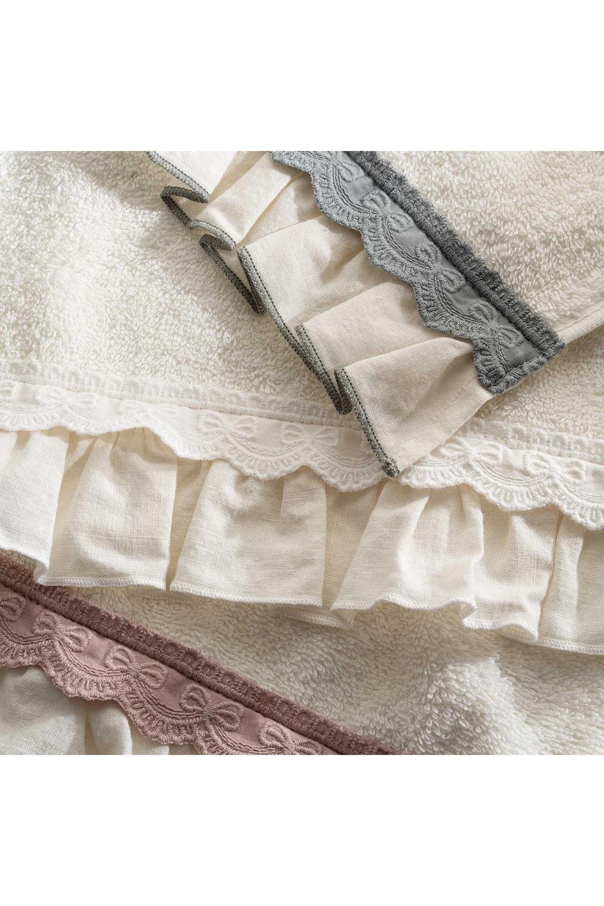 Ecocotton Alessa 3'lü Kurulama Havlusu %100 Organik Pamuklu Dantelli Krem-Pudra-Yeşil 30X50 Cm