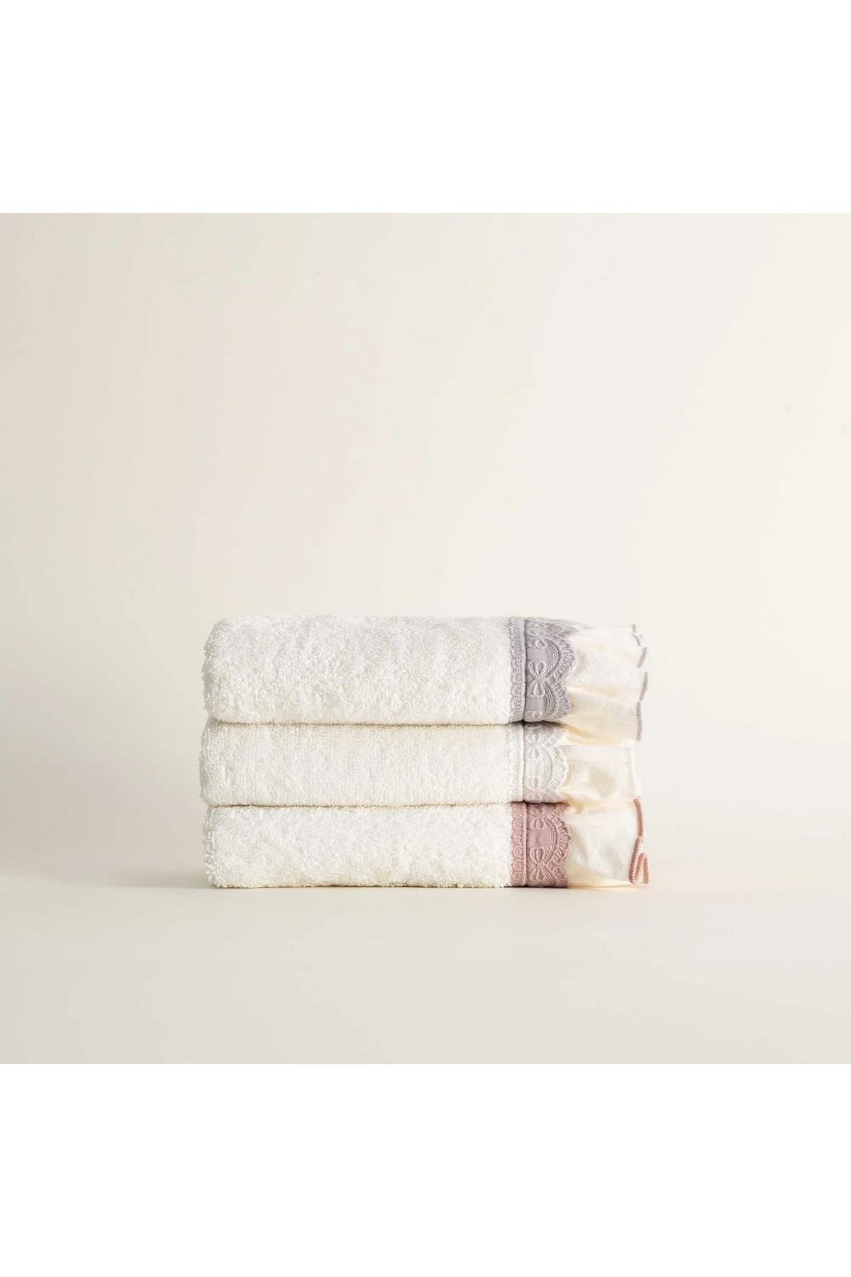Ecocotton Alessa 3'lü Kurulama Havlusu %100 Organik Pamuklu Dantelli Krem-Pudra-Gri 30X50 Cm