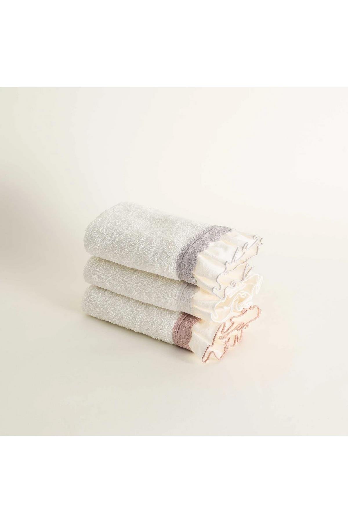 Ecocotton Alessa 3'lü Kurulama Havlusu %100 Organik Pamuklu Dantelli Krem-Pudra-Gri 30X50 Cm