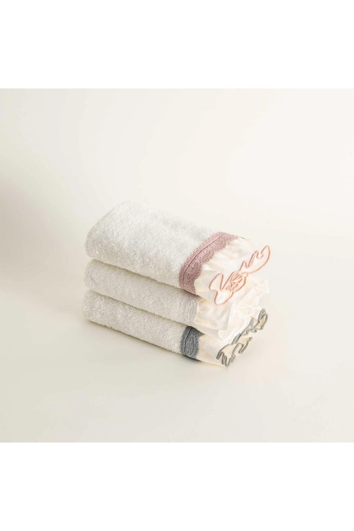 Ecocotton Alessa 3'lü Kurulama Havlusu %100 Organik Pamuklu Dantelli Krem-Pudra-Yeşil 30X50 Cm