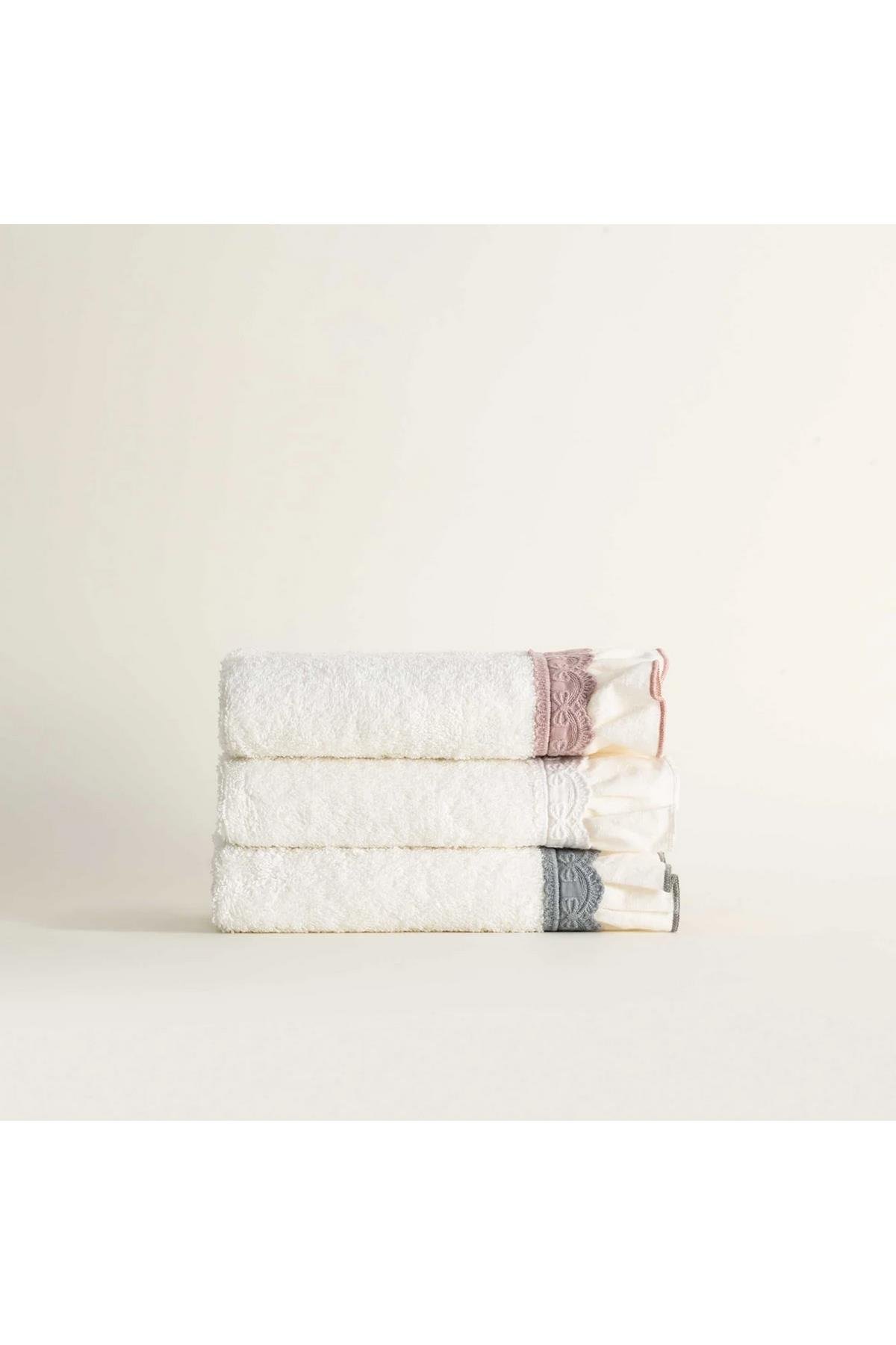 Ecocotton Alessa 3'lü Kurulama Havlusu %100 Organik Pamuklu Dantelli Krem-Pudra-Yeşil 30X50 Cm