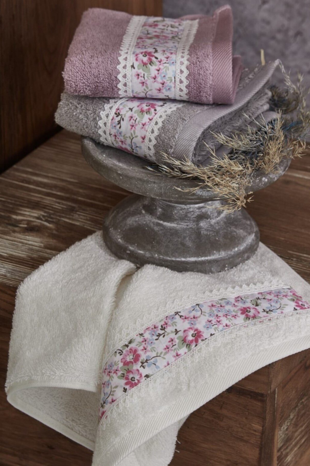 Ecocotton Bloomy Mutfak Havlu Seti Lila-Beyaz-Gri 30*50