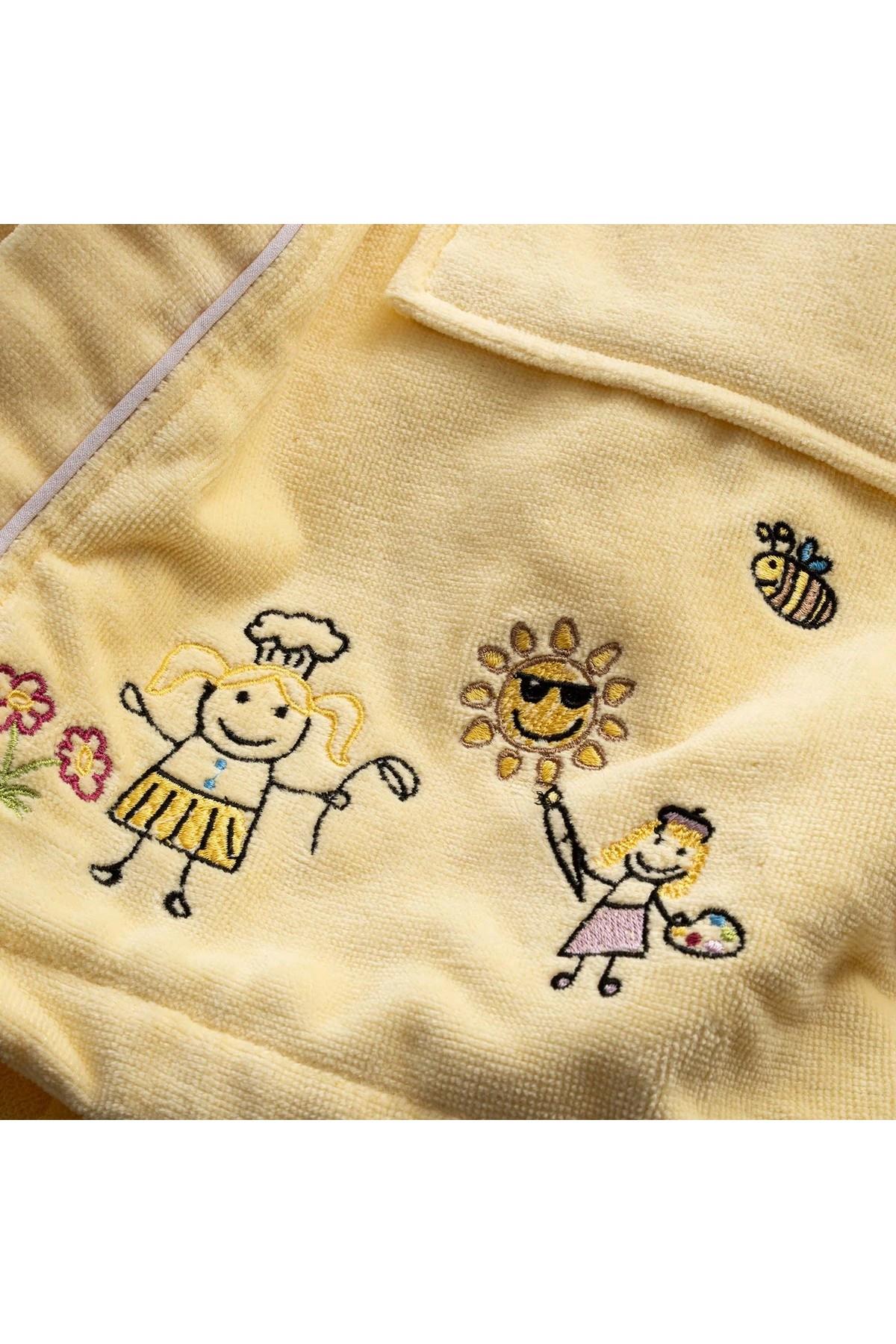 Ecocotton Carnaval Unisex Çocuk Bornoz %100 Organik PamukNakışlı Sarı