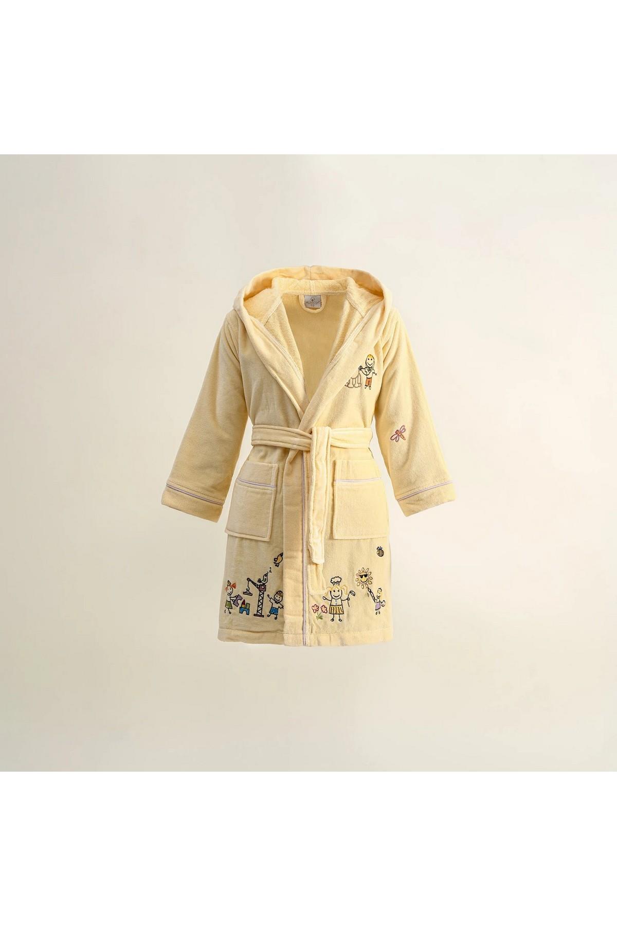 Ecocotton Carnaval Unisex Çocuk Bornoz %100 Organik PamukNakışlı Sarı