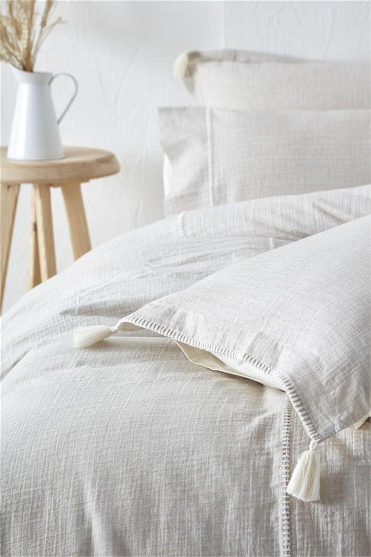 Ecocotton Doğa Battal Boy Nevresim Takımı %100 Organik Pamuk Müslin Parça Boya Bej 240x220 Cm