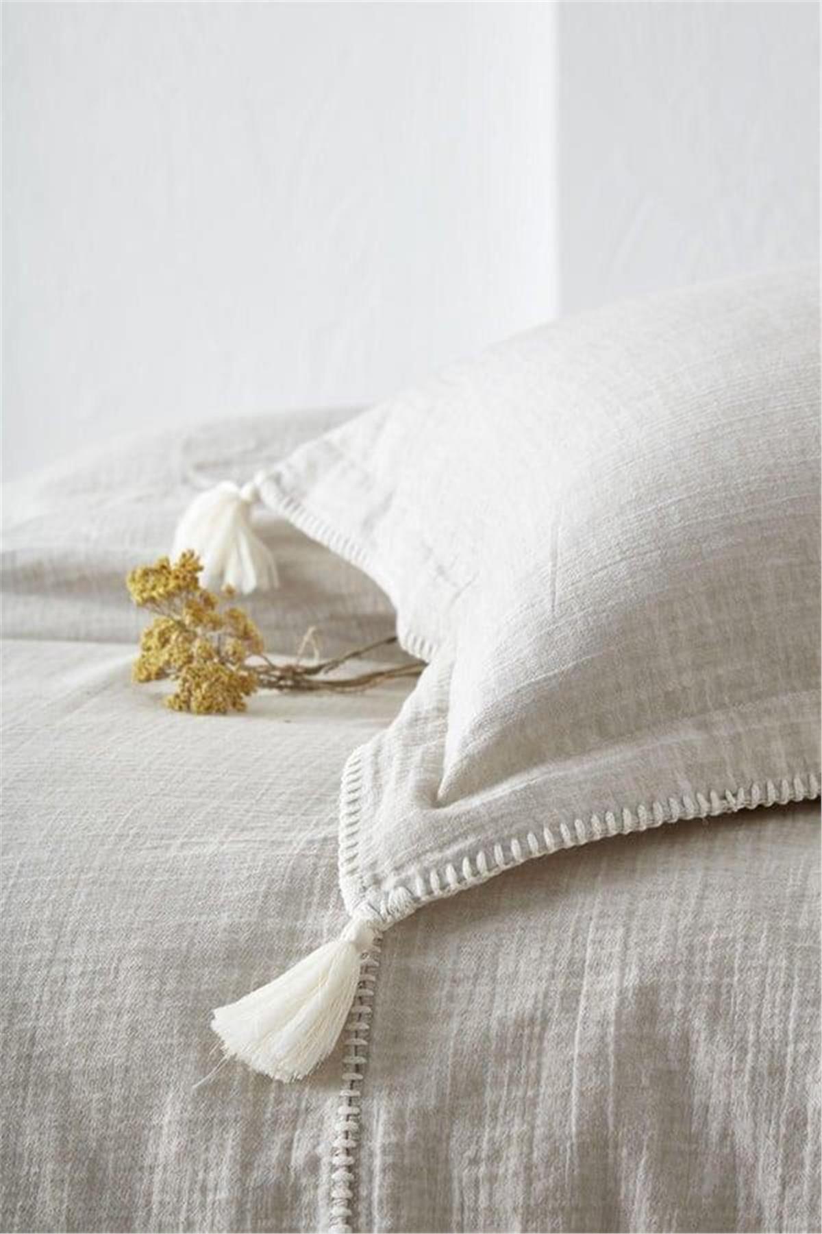 Ecocotton Doğa Battal Boy Nevresim Takımı %100 Organik Pamuk Müslin Parça Boya Bej 240x220 Cm