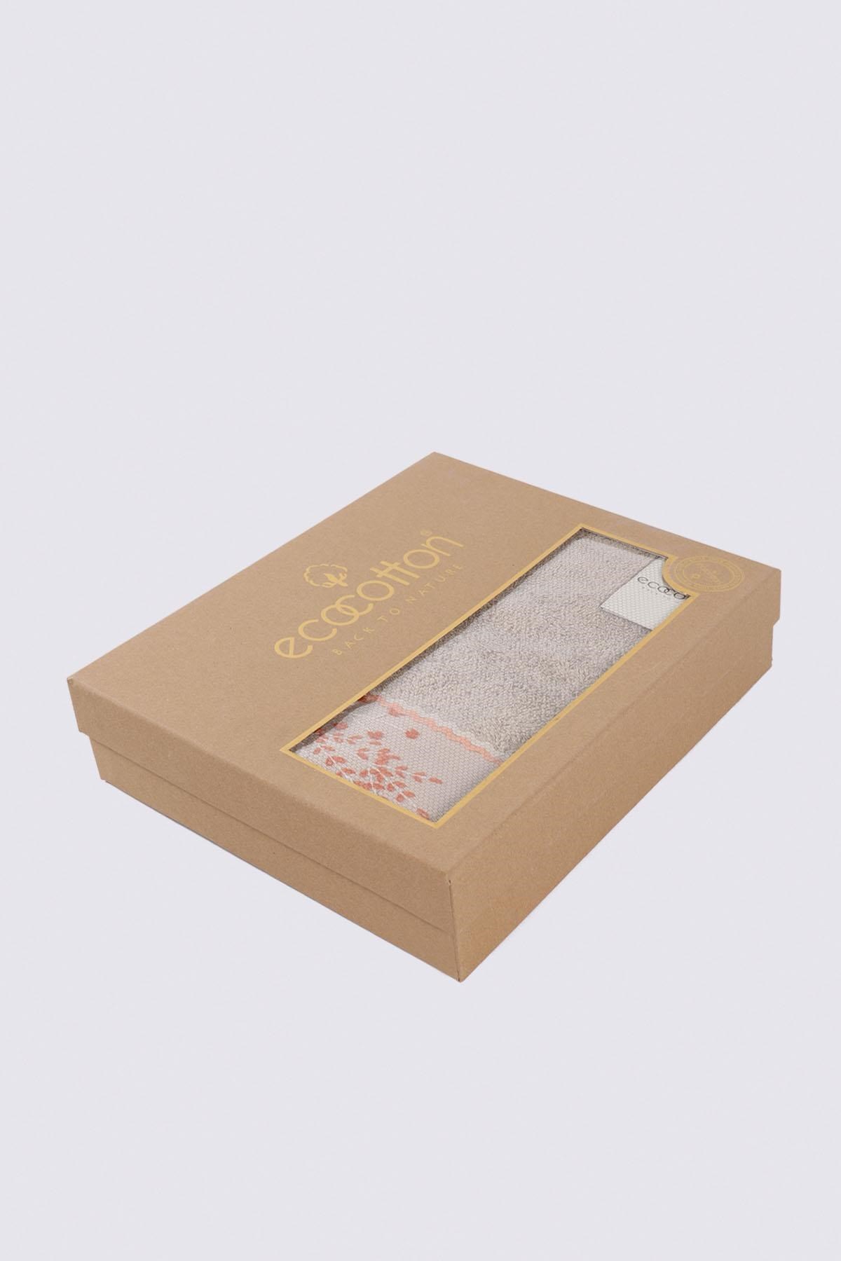 Ecocotton Efza Banyo Havlusu %100 Organik Pamuk El Nakışlı Bej 80x150 Cm