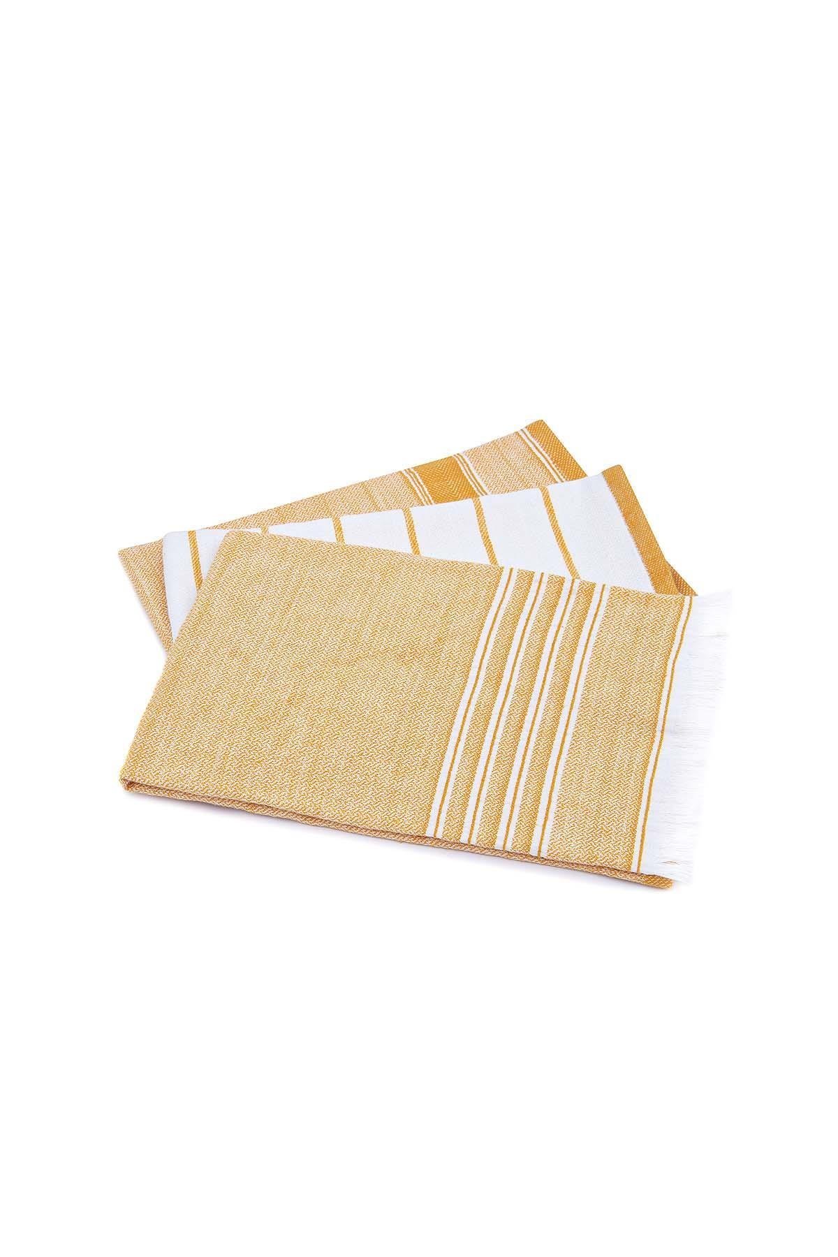 Ecocotton Elis 3'lü Kurulama Havlusu %100 Organik Pamuklu İplik Boyalı Özel Dokuma Sarı-Krem 40X60 Cm