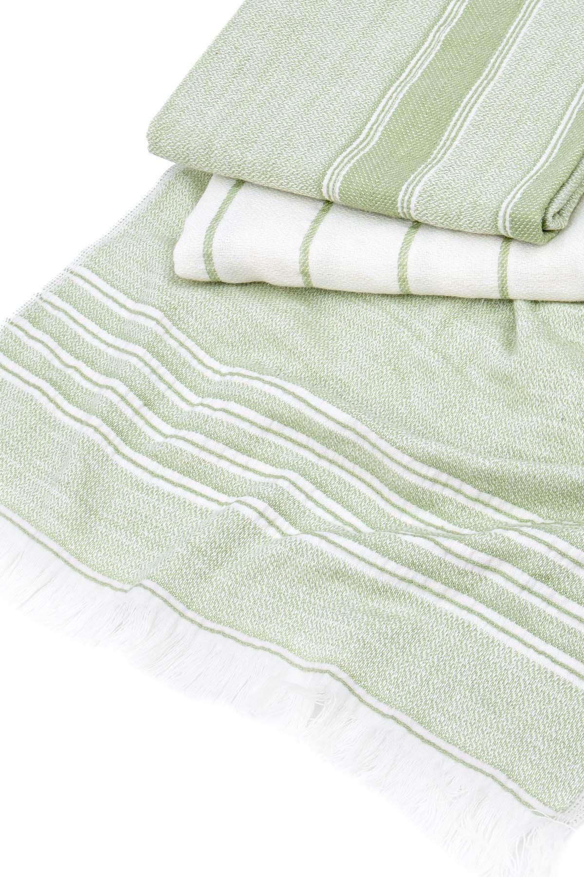 Ecocotton Elis 3'lü Kurulama Havlusu %100 Organik Pamuklu İplik Boyalı Özel Dokuma Açık Yeşil-Krem 40X60 Cm