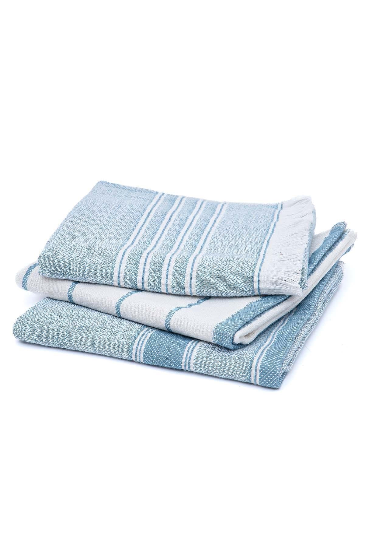 Ecocotton Elis 3'lü Kurulama Havlusu %100 Organik Pamuklu İplik Boyalı Özel Dokuma Açık Mavi-Krem 40X60 Cm