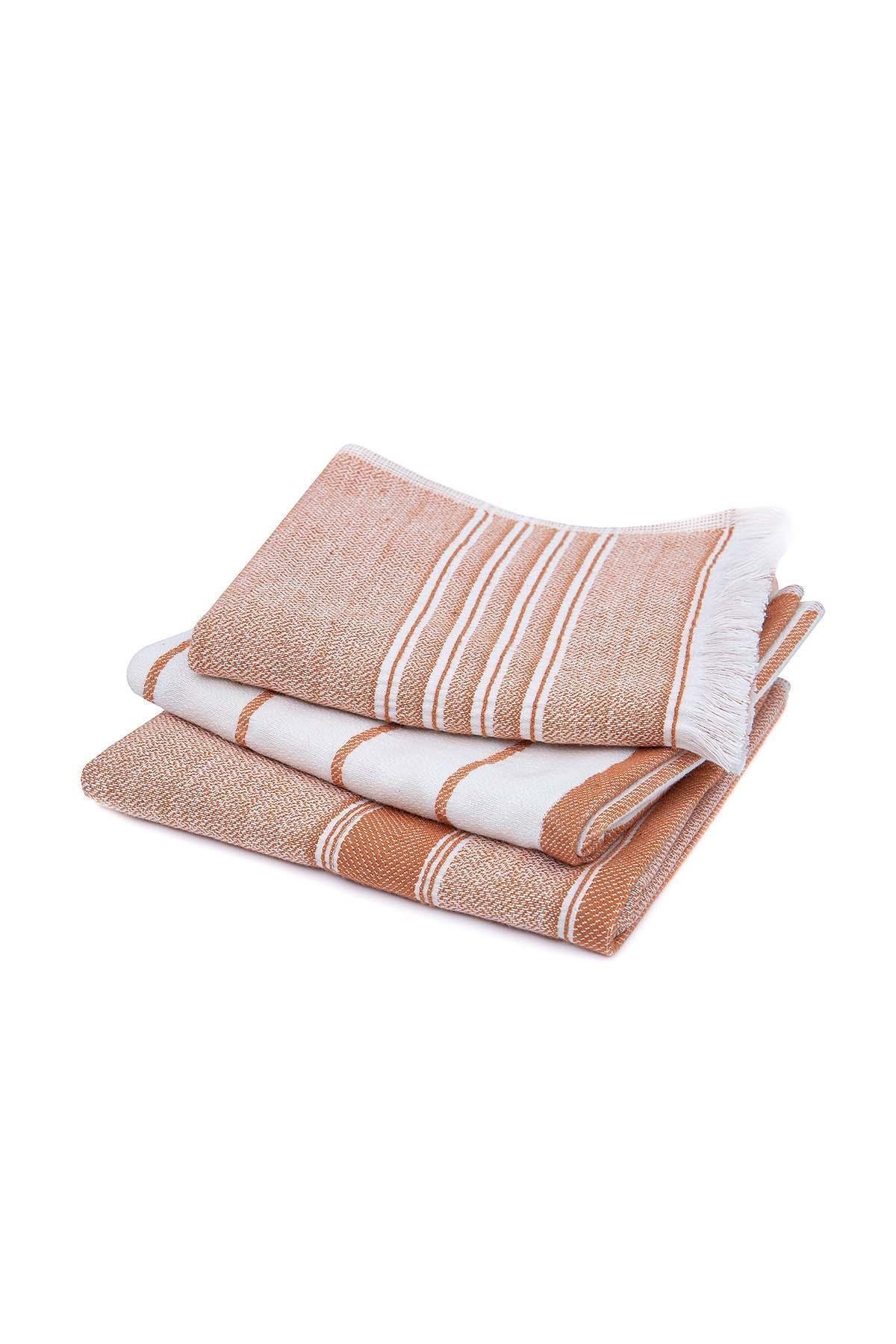 Ecocotton Elis 3'lü Kurulama Havlusu %100 Organik Pamuklu İplik Boyalı Özel Dokuma Terra-Krem 40X60 Cm