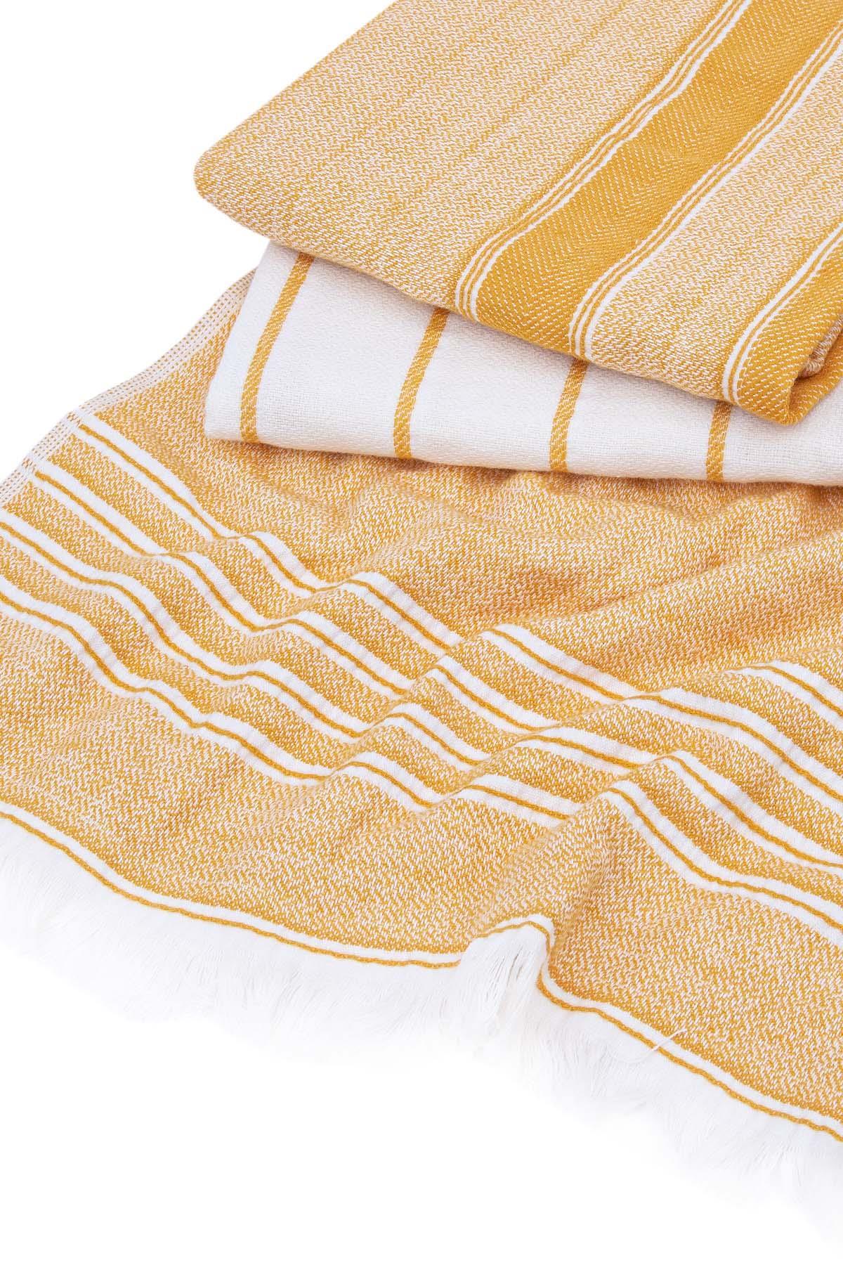 Ecocotton Elis 3'lü Kurulama Havlusu %100 Organik Pamuklu İplik Boyalı Özel Dokuma Sarı-Krem 40X60 Cm