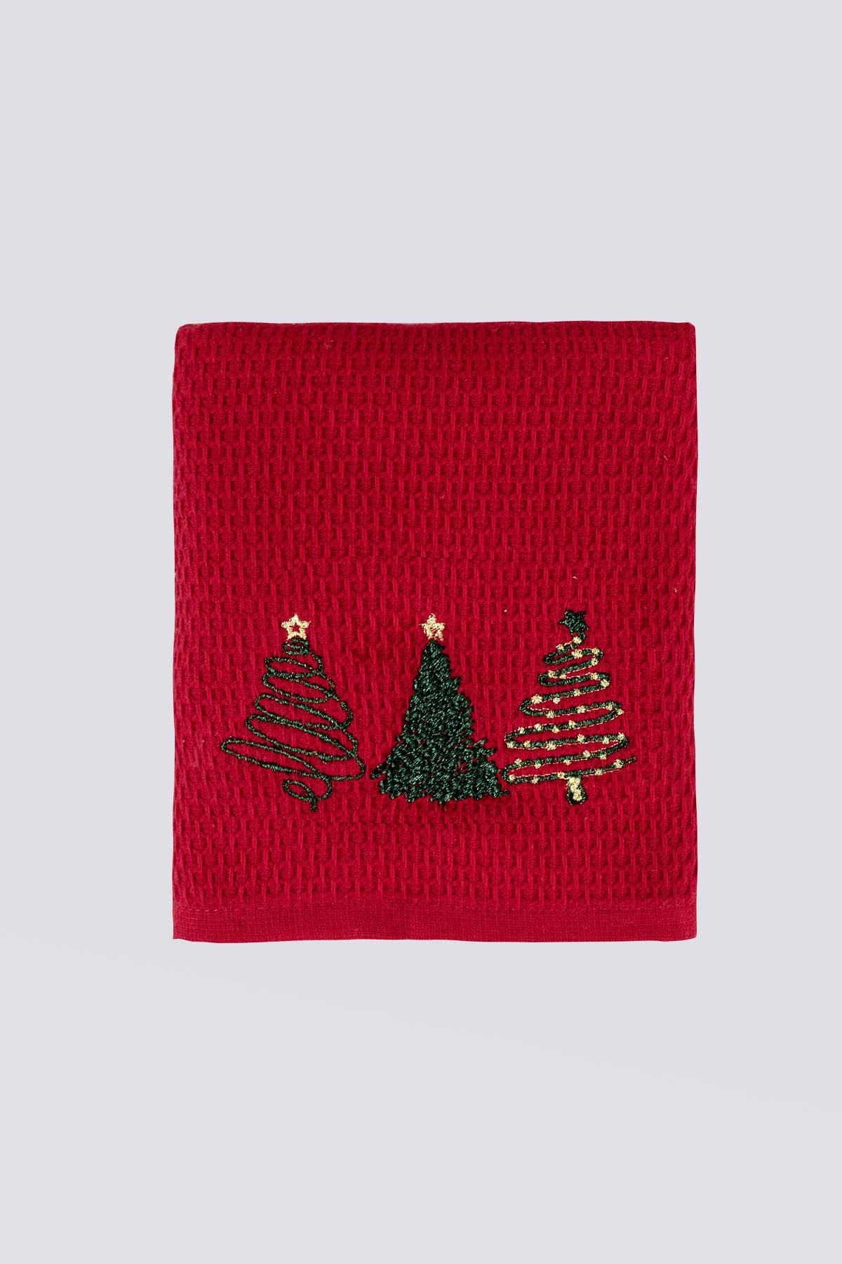 Ecocotton Elvin Yılbaşı Temalı 2 li Kurulama Havlusu %100 Pamuklu Özel Dokuma Nakışlı Kırmızı-Krem 40X60 cm