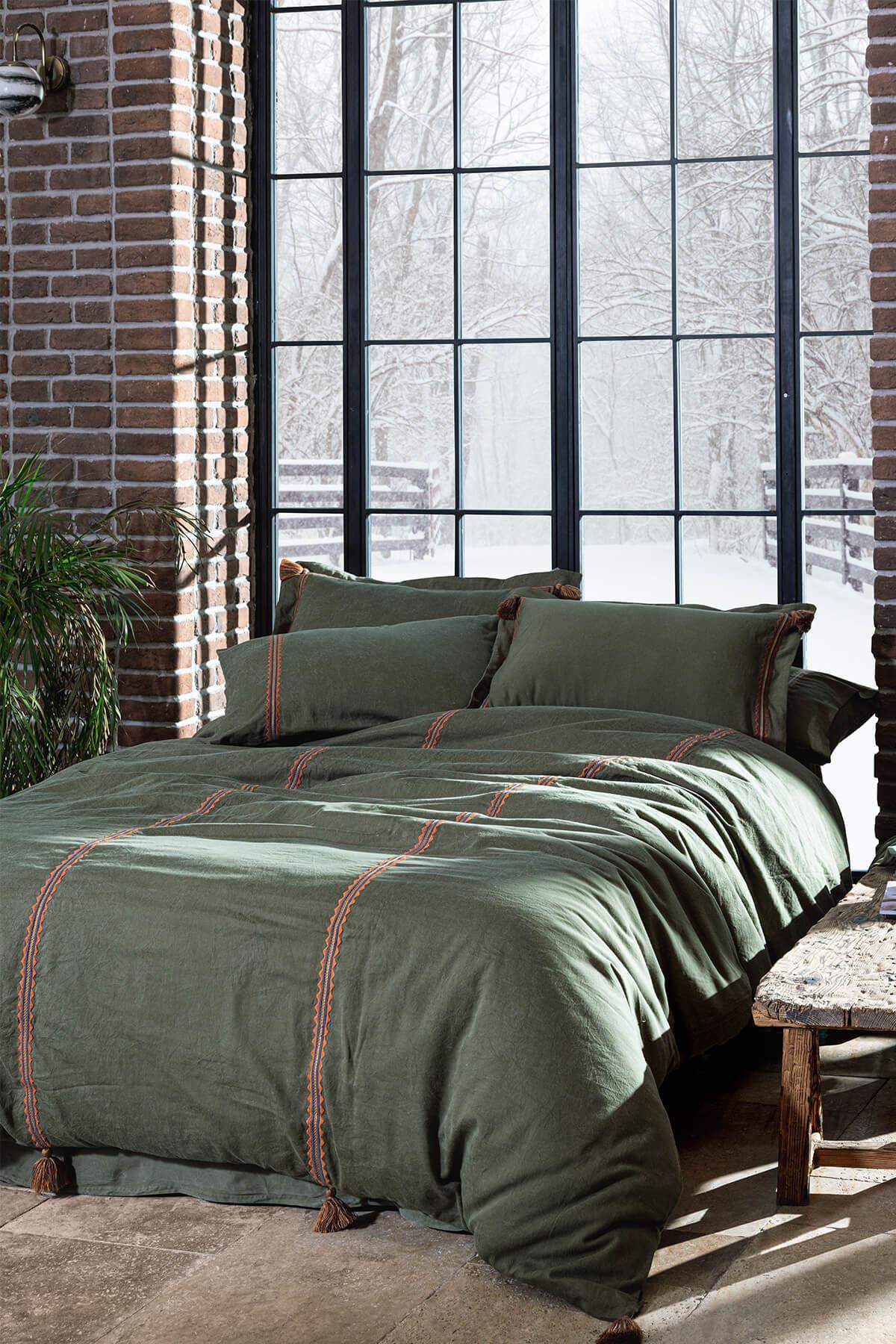 Ecocotton Hazar Çift Kişilik Nevresim Takımı %100 Organik Pamuk Saten Parça Boya Yeşil 200x220 Cm