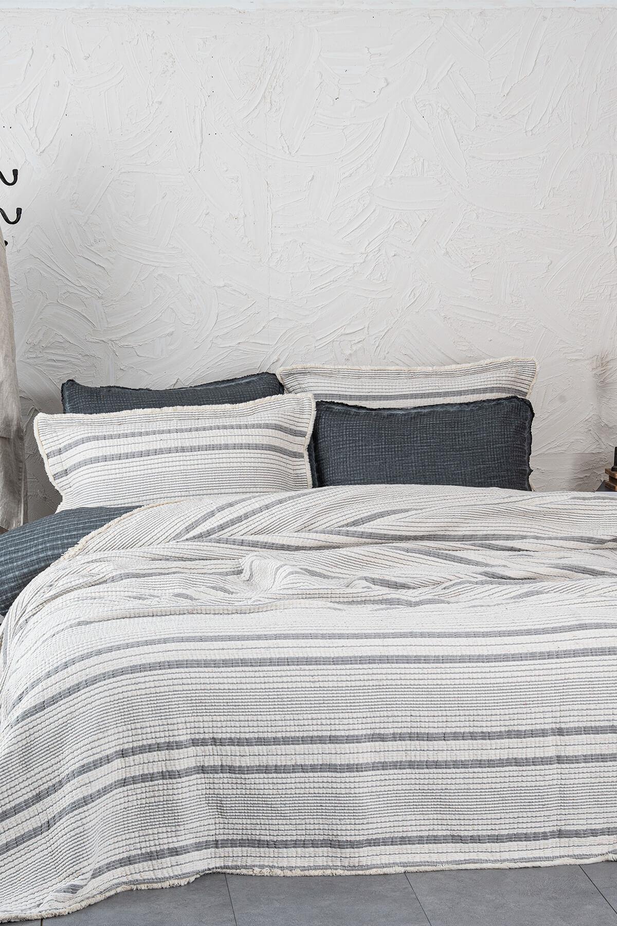 Ecocotton Hivda Çift Kişilik Yatak Örtüsü %100 Organik Pamuk Müslin Dolgulu Gri 240X260 Cm