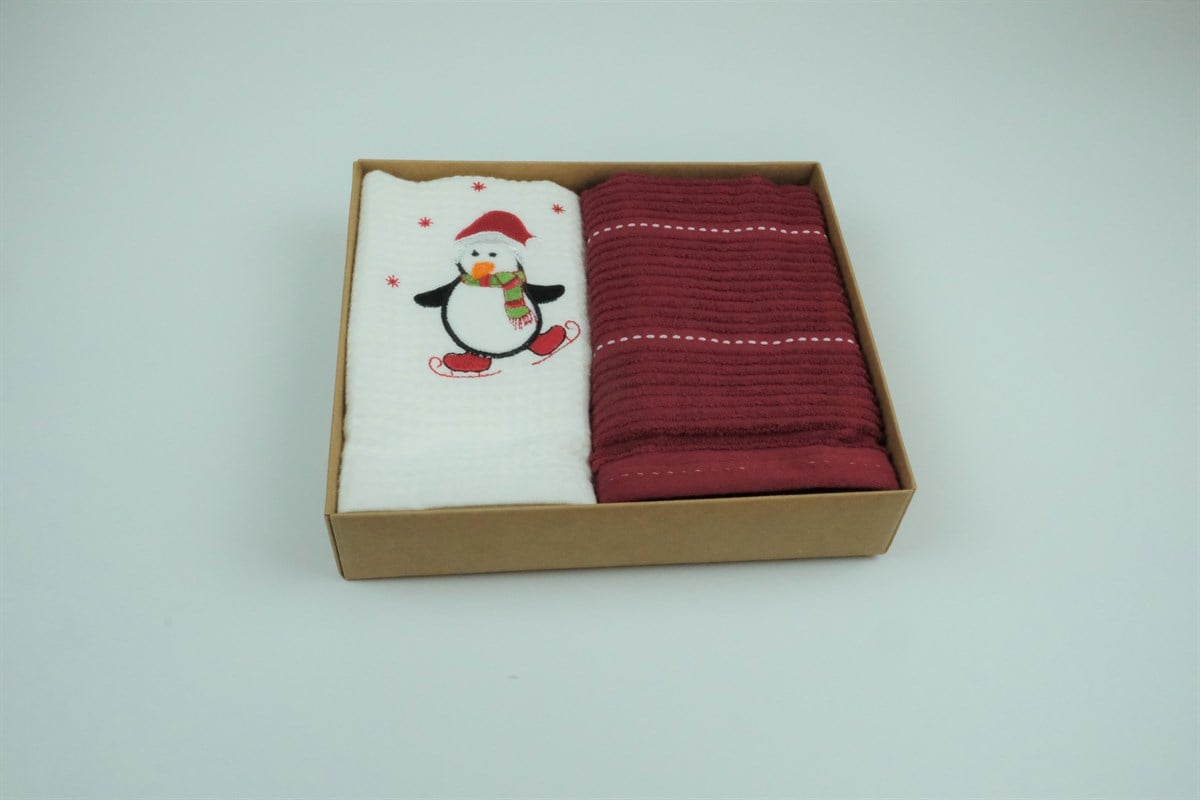 Ecocotton Penguen 2'li Havlu 50*70 Beyaz Kırmızı