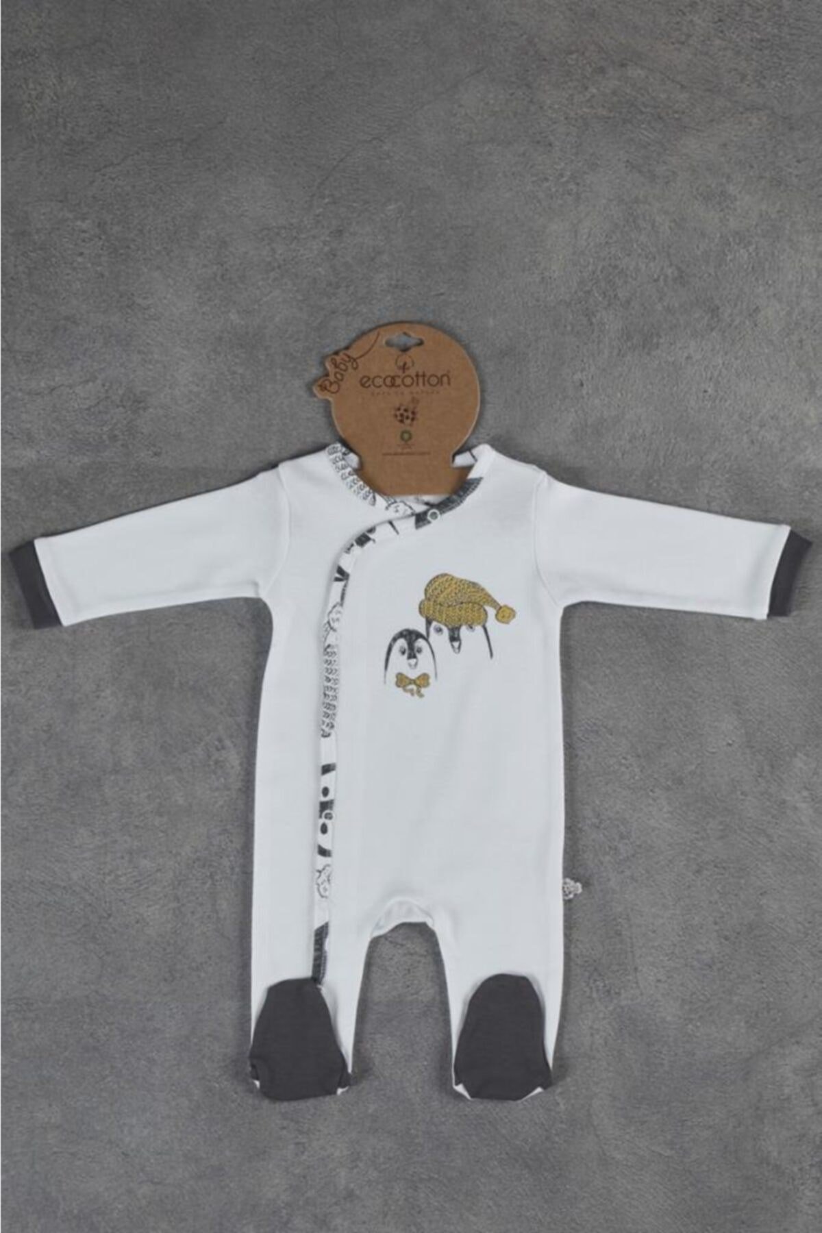 Ecocotton Pingu Baskısız Tulum Beyaz 3-6 Ay