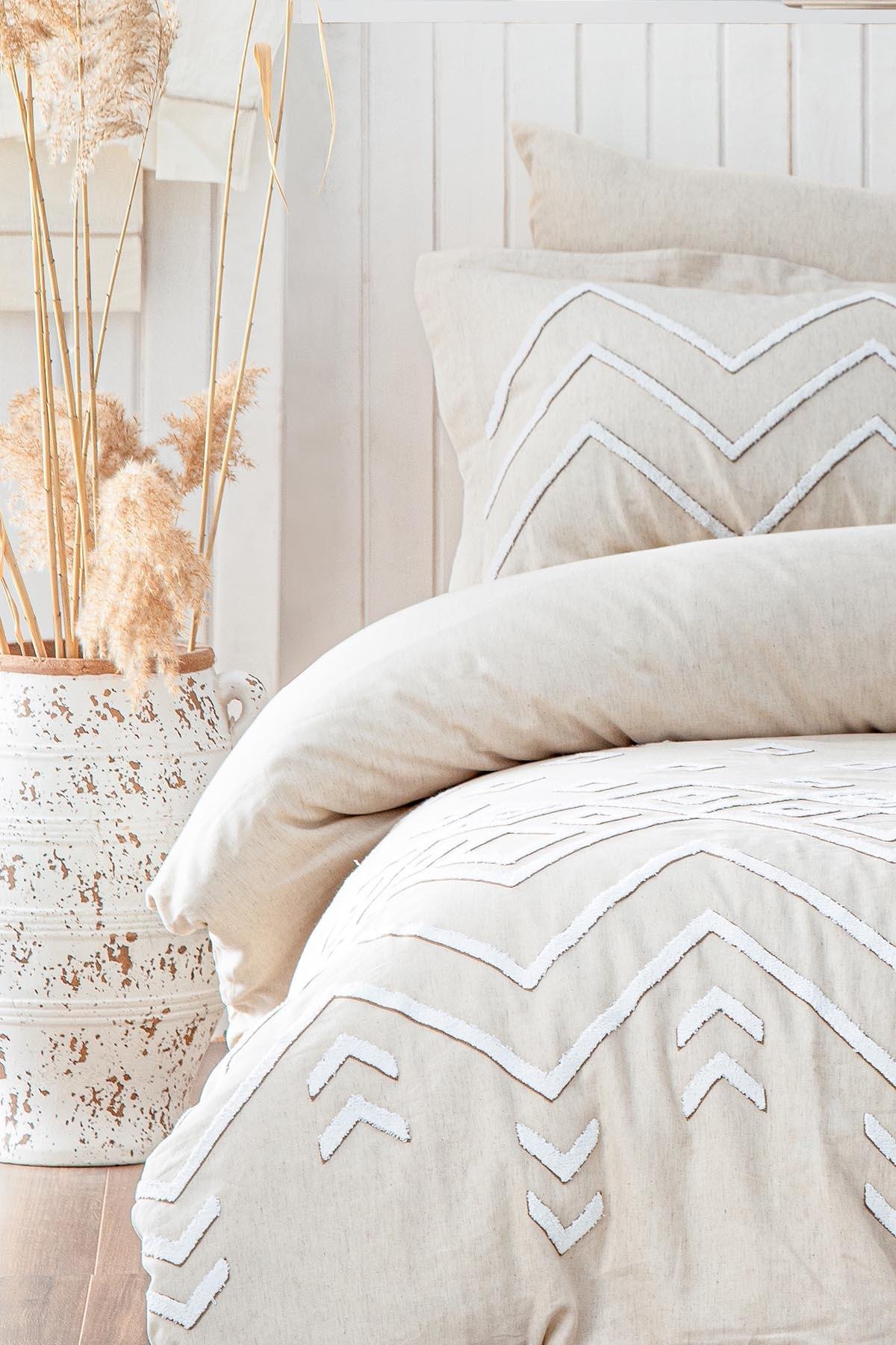 Ecocotton Talya Çift Kişilik Nevresim Takımı %100 Pamuk Keten Panç Nakışlı Krem-Bej 200x220 Cm