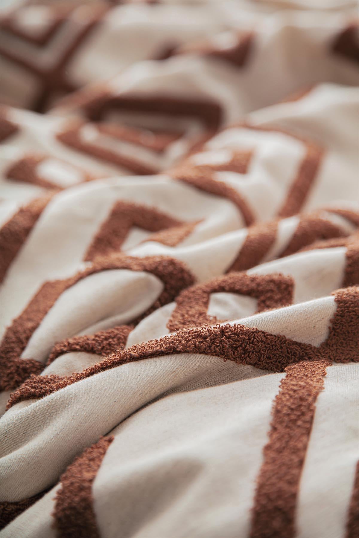 Ecocotton Talya Çift Kişilik Nevresim Takımı %100 Pamuk Keten Panç Nakışlı Terra-Bej 200x220 Cm