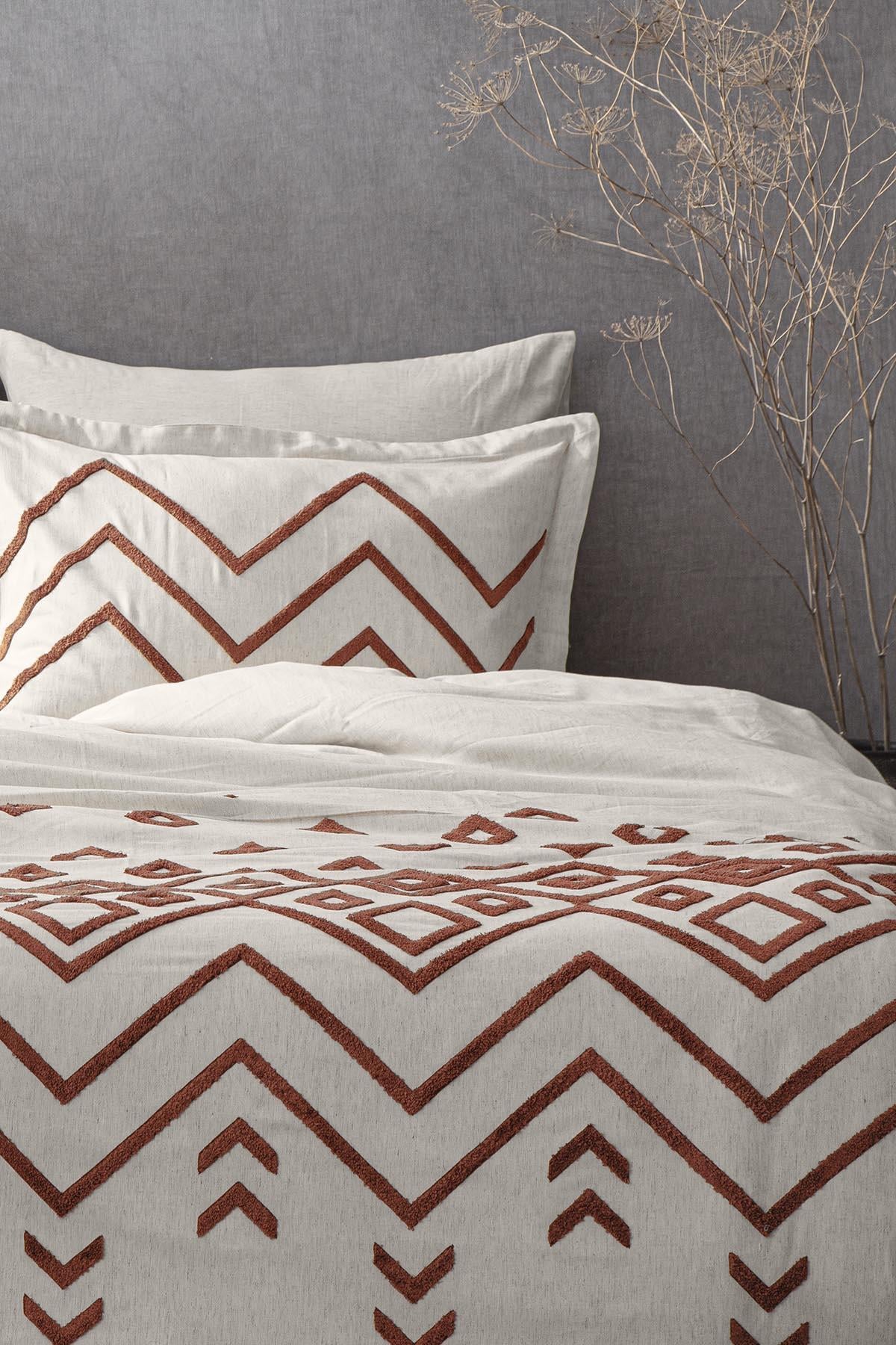 Ecocotton Talya Çift Kişilik Nevresim Takımı %100 Pamuk Keten Panç Nakışlı Terra-Bej 200x220 Cm