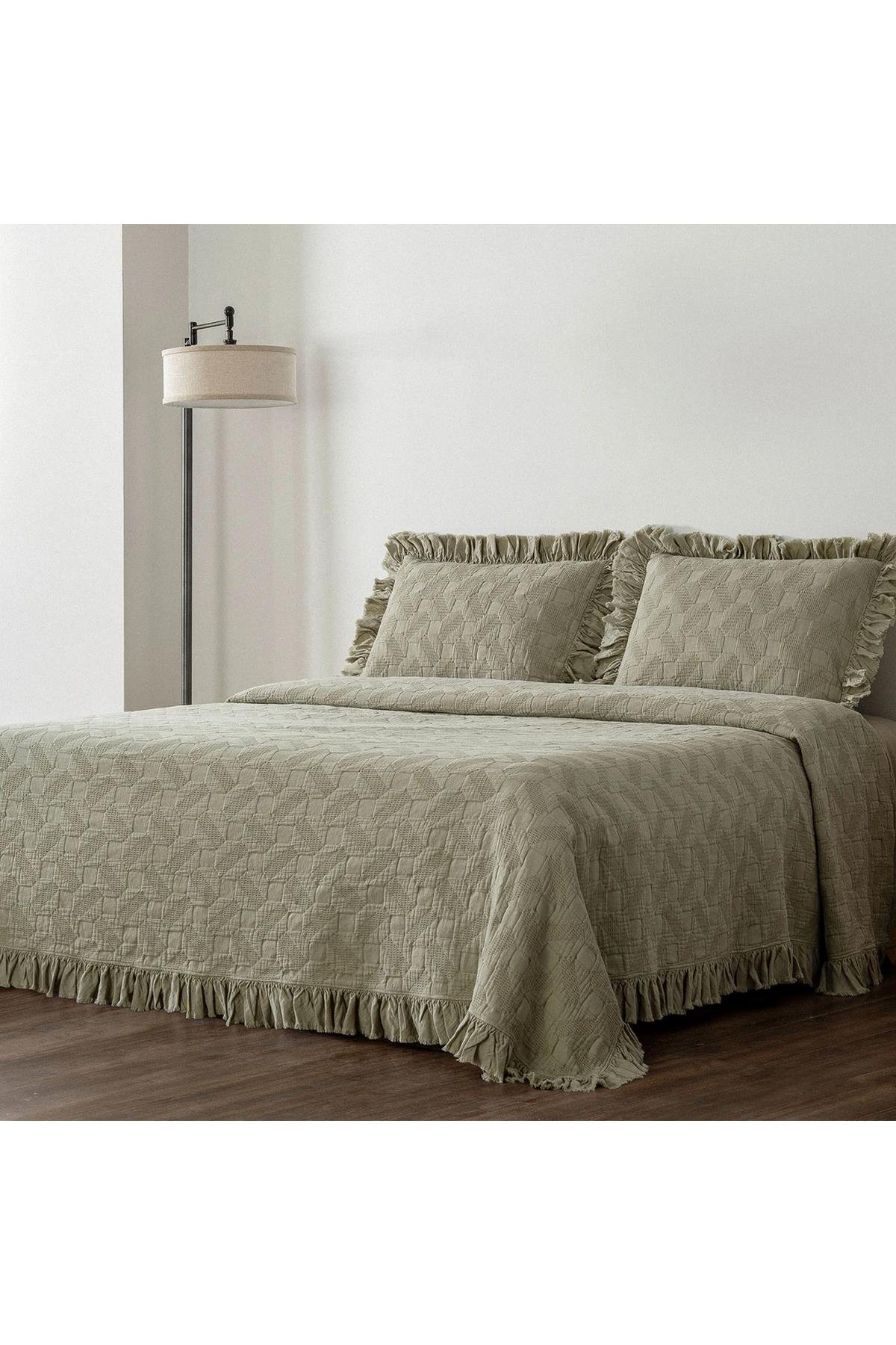 Ecocotton Tanya Çift Kişilik Pike Yatak Örtüsü Takımı %100 Pamuk Dokuma Açık Yeşil 260X240 Cm