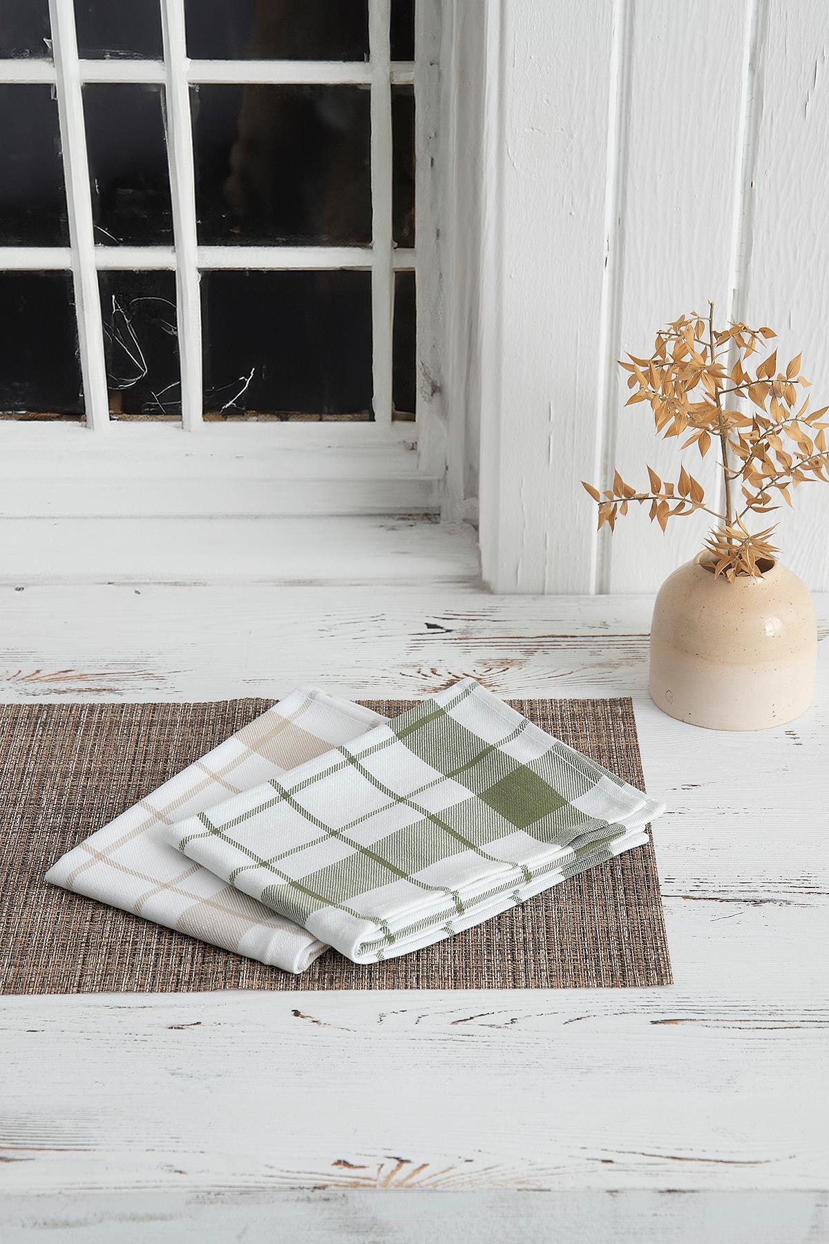 Green Black Esila 2'li Kurulama Bezi %100 Pamuklu İplik Boyalı Özel Dokuma Bej-Yeşil 45x65 cm