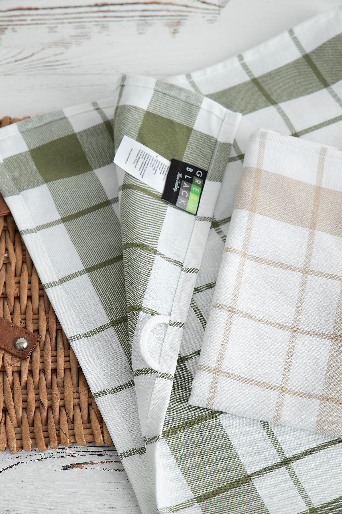 Green Black Esila 2'li Kurulama Bezi %100 Pamuklu İplik Boyalı Özel Dokuma Bej-Yeşil 45x65 cm