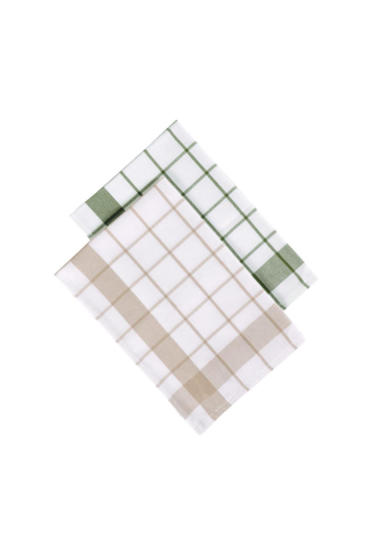 Green Black Esila 2'li Kurulama Bezi %100 Pamuklu İplik Boyalı Özel Dokuma Bej-Yeşil 45x65 cm