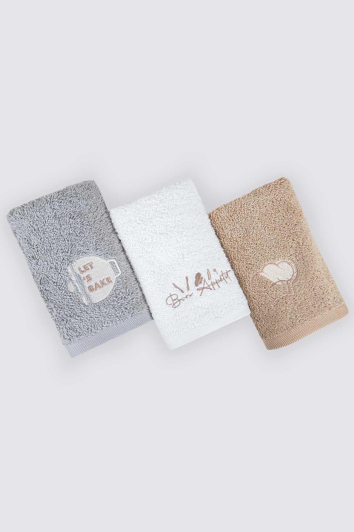 Green Black Mocha Kurulama Havlusu %100 Organik Pamuk Nakışlı Koyu Bej-Krem-Gri 30x50 cm