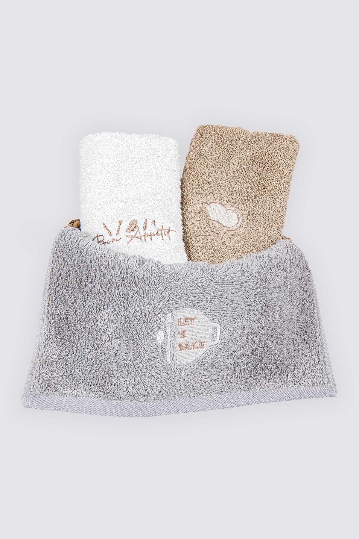 Green Black Mocha Kurulama Havlusu %100 Organik Pamuk Nakışlı Koyu Bej-Krem-Gri 30x50 cm