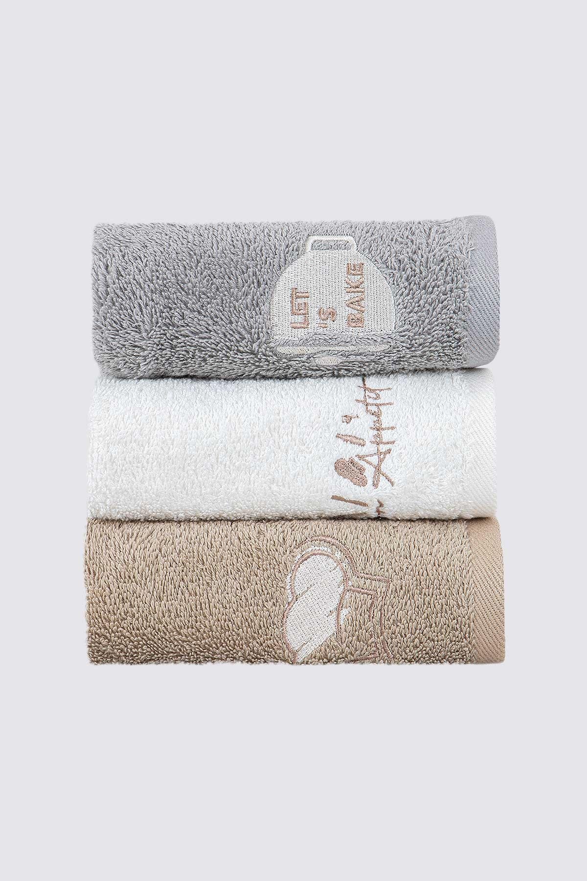 Green Black Mocha Kurulama Havlusu %100 Organik Pamuk Nakışlı Koyu Bej-Krem-Gri 30x50 cm