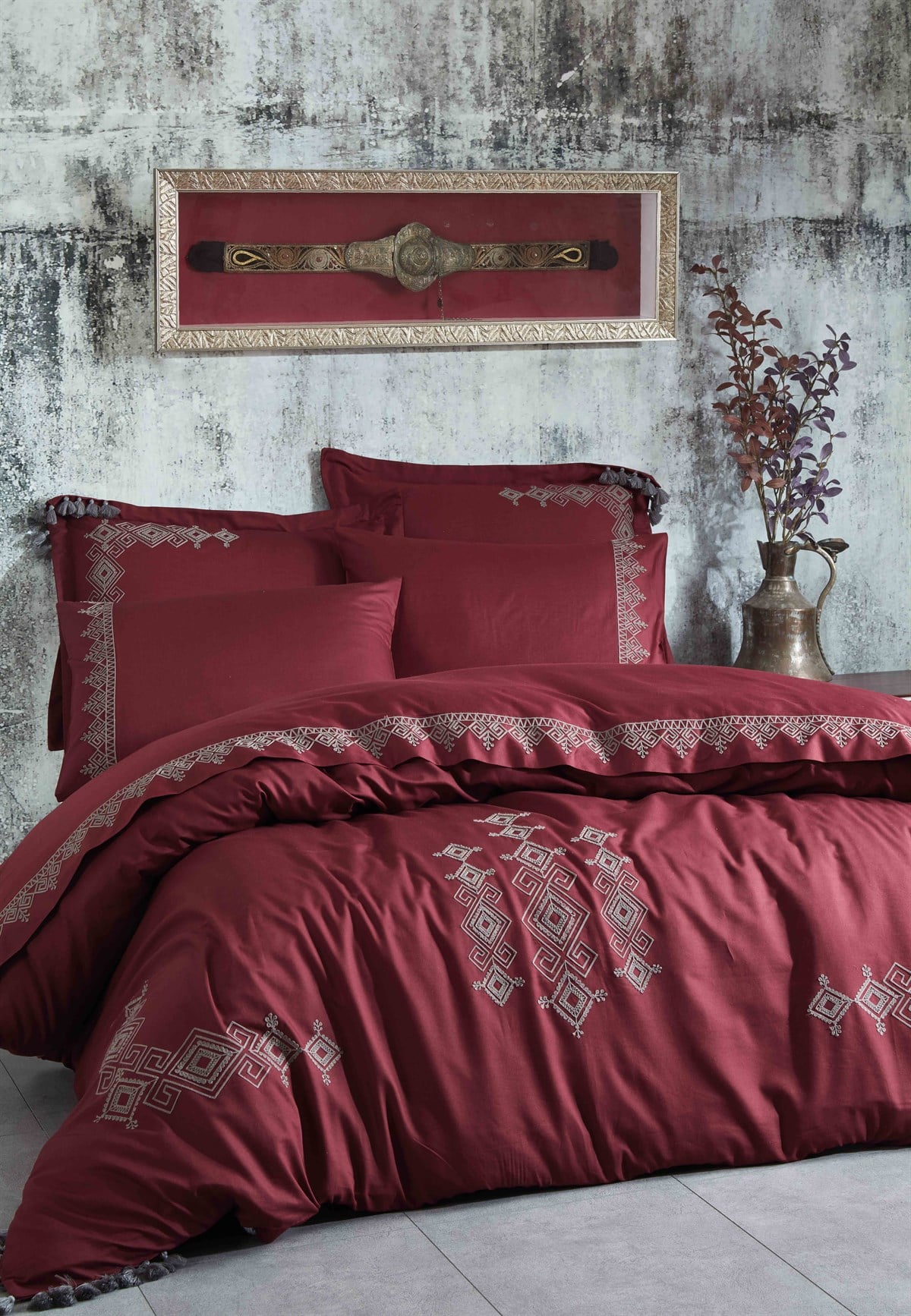 Hazal El Nakışlı Saten Nevresim Double Satin Duvet 200X220 Bordo