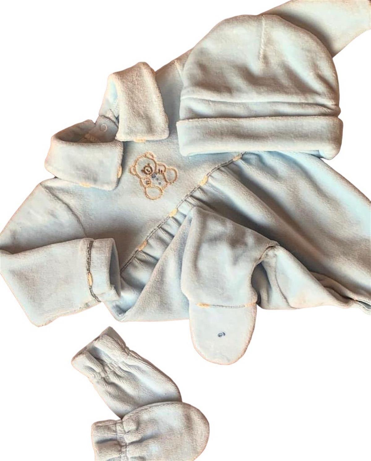 Mede Kids Kadife Ayıcık Ayaklı Tulum Mavi 0-3 Ay