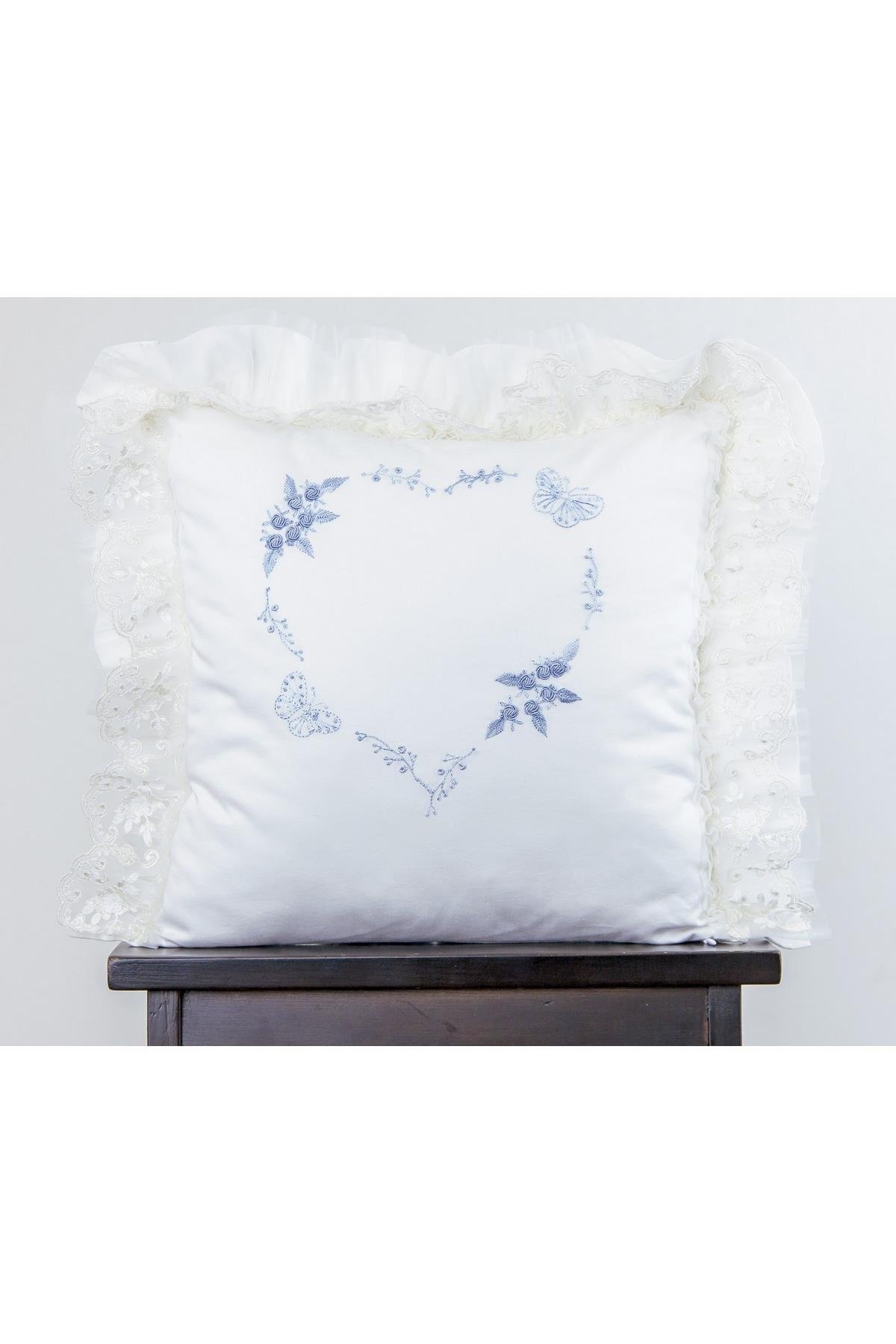 Mede Kids Kalp Kelebek Altın Yastık Ekru-Mavi Nakışlı